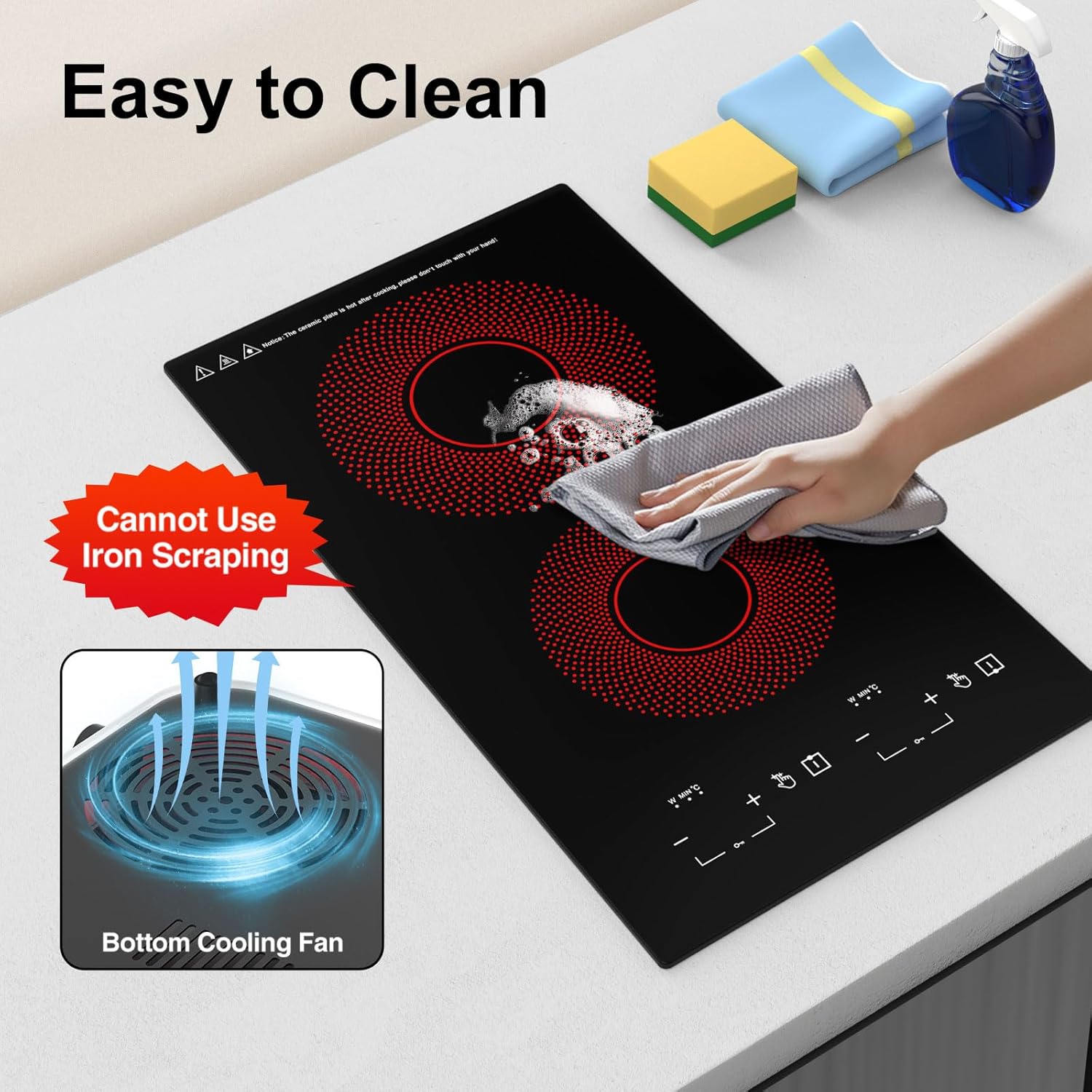 Hand cleaning the smooth ceramic surface of the GTKZW Electric Cooktop.