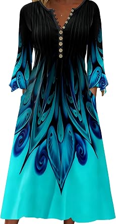 Mathea Womens Casual Long-Sleeve V-Neck Button-Down Autumn Dress, Bohemian Style Print Flowy Midi Dress with Pockets