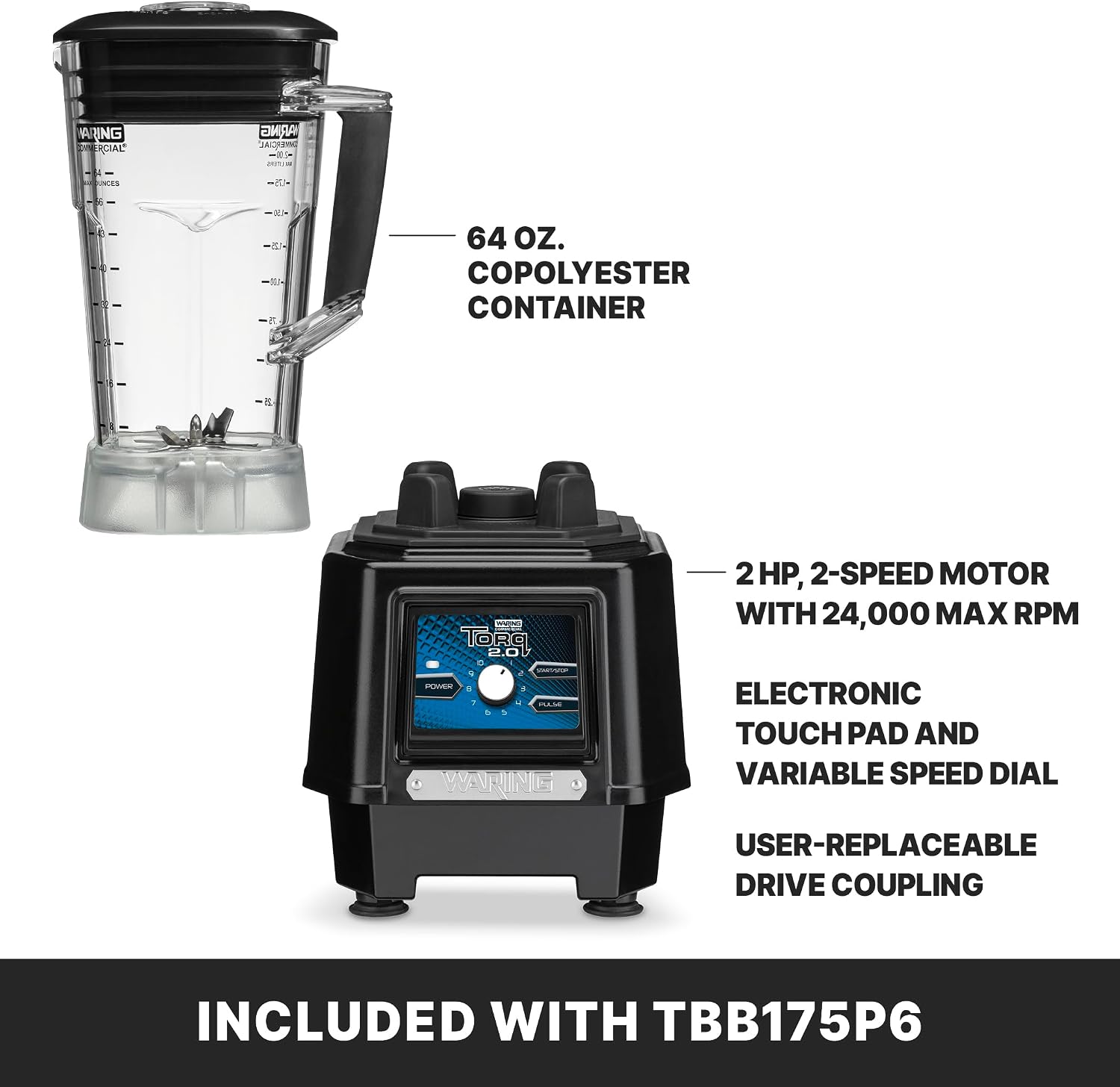 Waring Commercial TBB175P6 TBB175P6-64 Ounce Copolyester Commercial Blender, 64 Ounce Container, Black