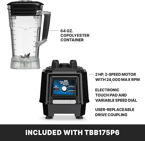 Vista 15 de Waring Commercial TBB175S4 Torq - Batidora de barra de velocidad variable de 48 onzas con tarro S/S, 120 V, enchufe de 5-15 fases, negro
