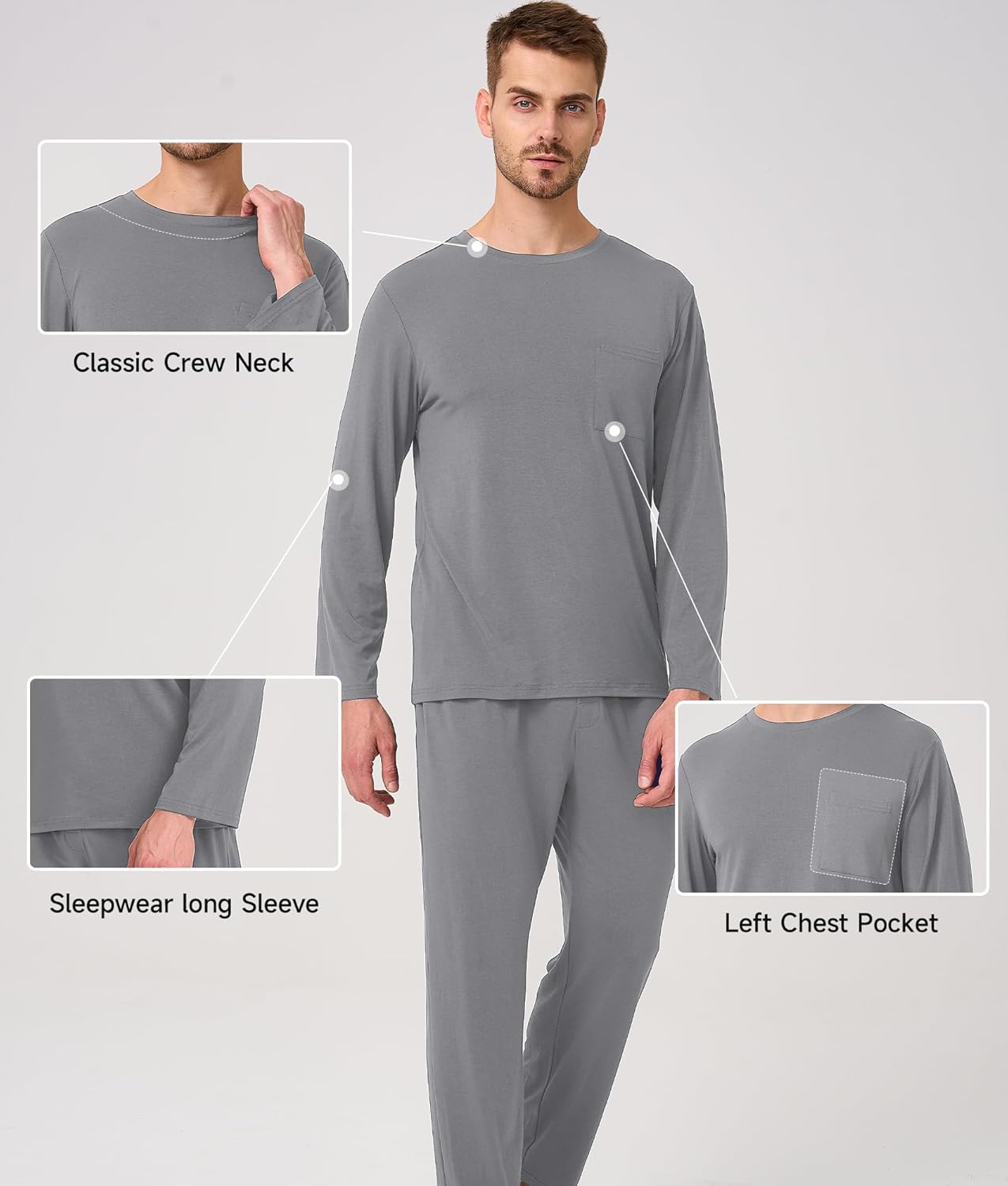 BAMBOO COOL Mens Pajama Set Bamboo Viscose Soft Pijamas Sets for Men Long Sleeve Full Length Pants Pjs Sleepwear with Pockets - Image 4