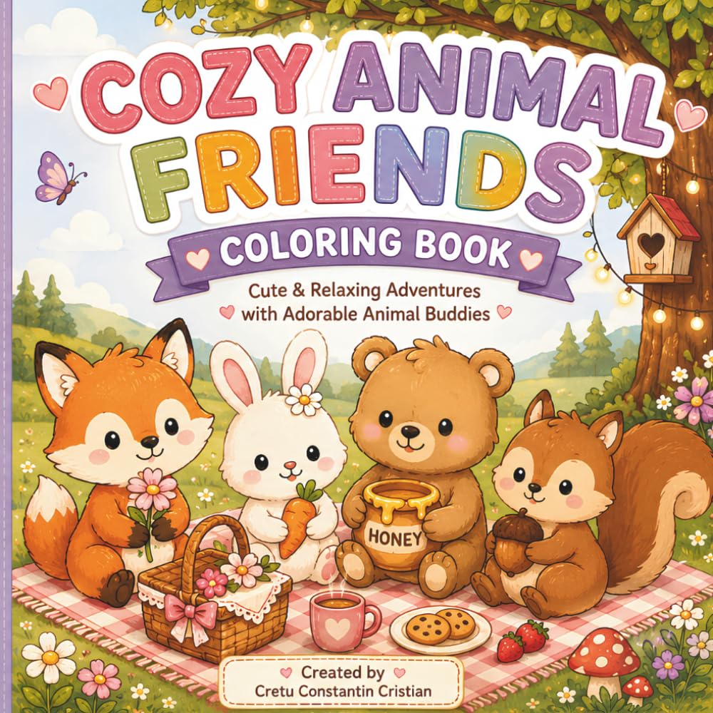 Cozy Animal Friends Coloring Book: Cute & Relaxing Adventures with Adorable Animal Buddies, Cozy Everyday Moments, Picnics, Games, Nature & Friendship Scenes (Cozy Animal Adventures Series)