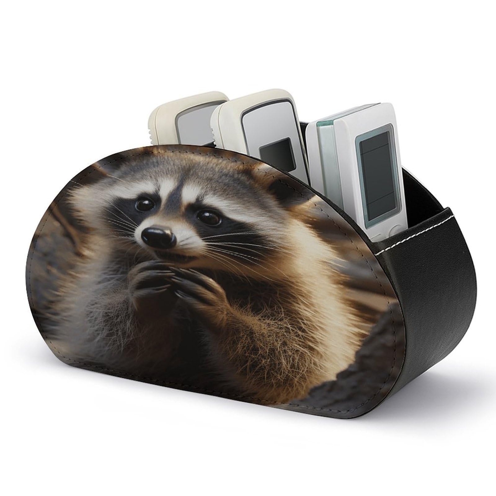 VstaDank Cute Raccoon Remote Control Holder Farmhouse TV Media Remote Storage Box with 5 Compartments PU Leather Remote Caddy Desktop Organizer for Home Bedside Table Organizer