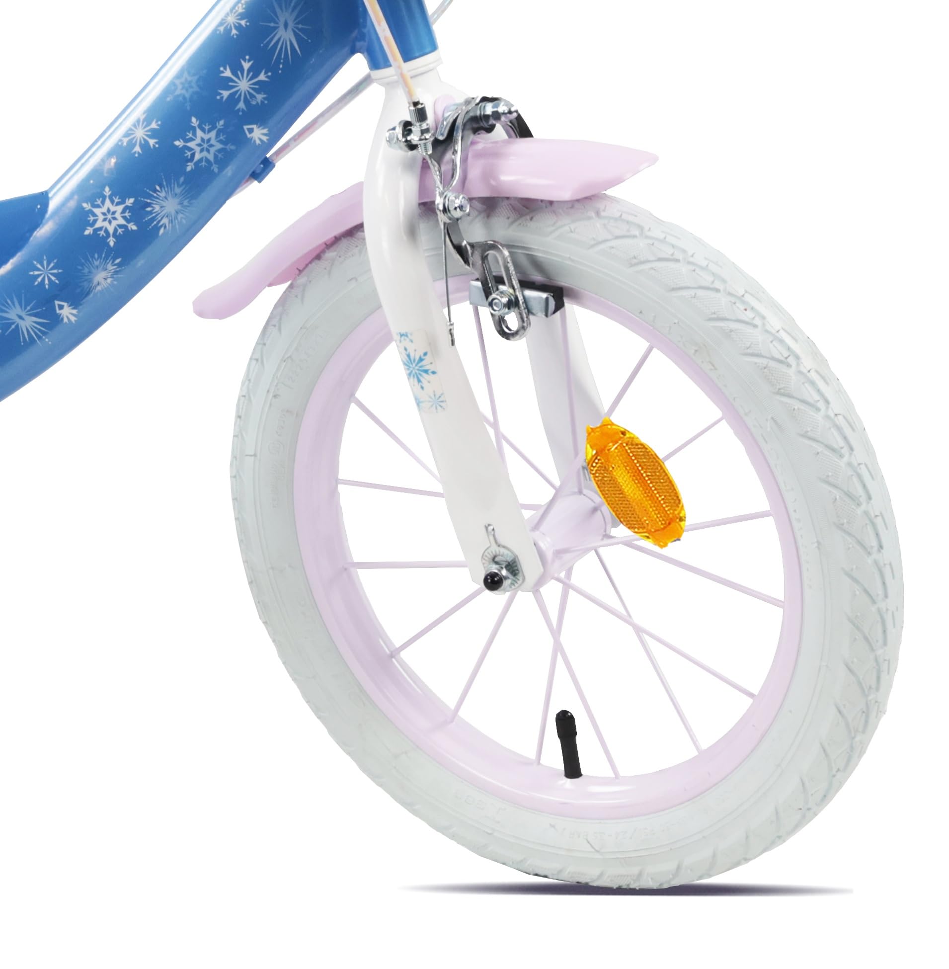 Vélo Reine des Neiges 14'' Fille équipé de 2 Freins Caliper - Roue Libre - Pneus Gonflables - Jantes aciers avec Rayons - Panier Avant - Porte-poupée arrière - Garde-Boue - 2 Stabilisateurs