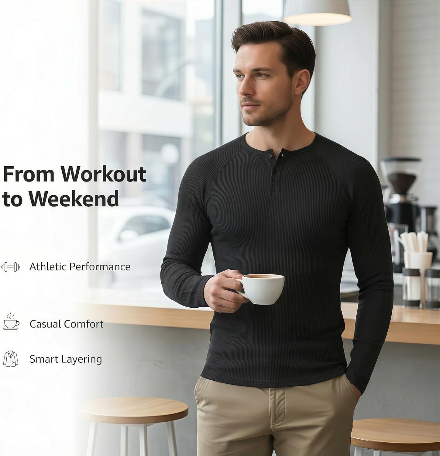 TrailTech Men's Thermal Henley Long Sleeve Ribbed Knit Base Layer, Warm Fleece Lined Slim Fit Undershirt with Laundry Bag - Image 2