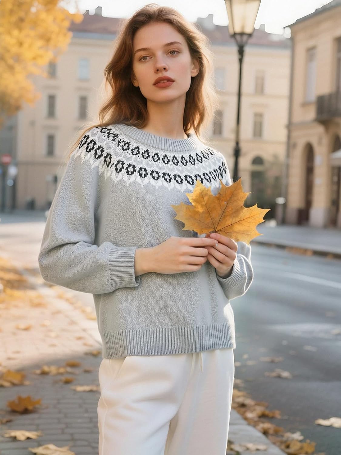 Womens Vintage Fair Isle Knit Sweater 2025 Fall Long Sleeve Crewneck Lightweight Pullover Top Sweaters - Image 2