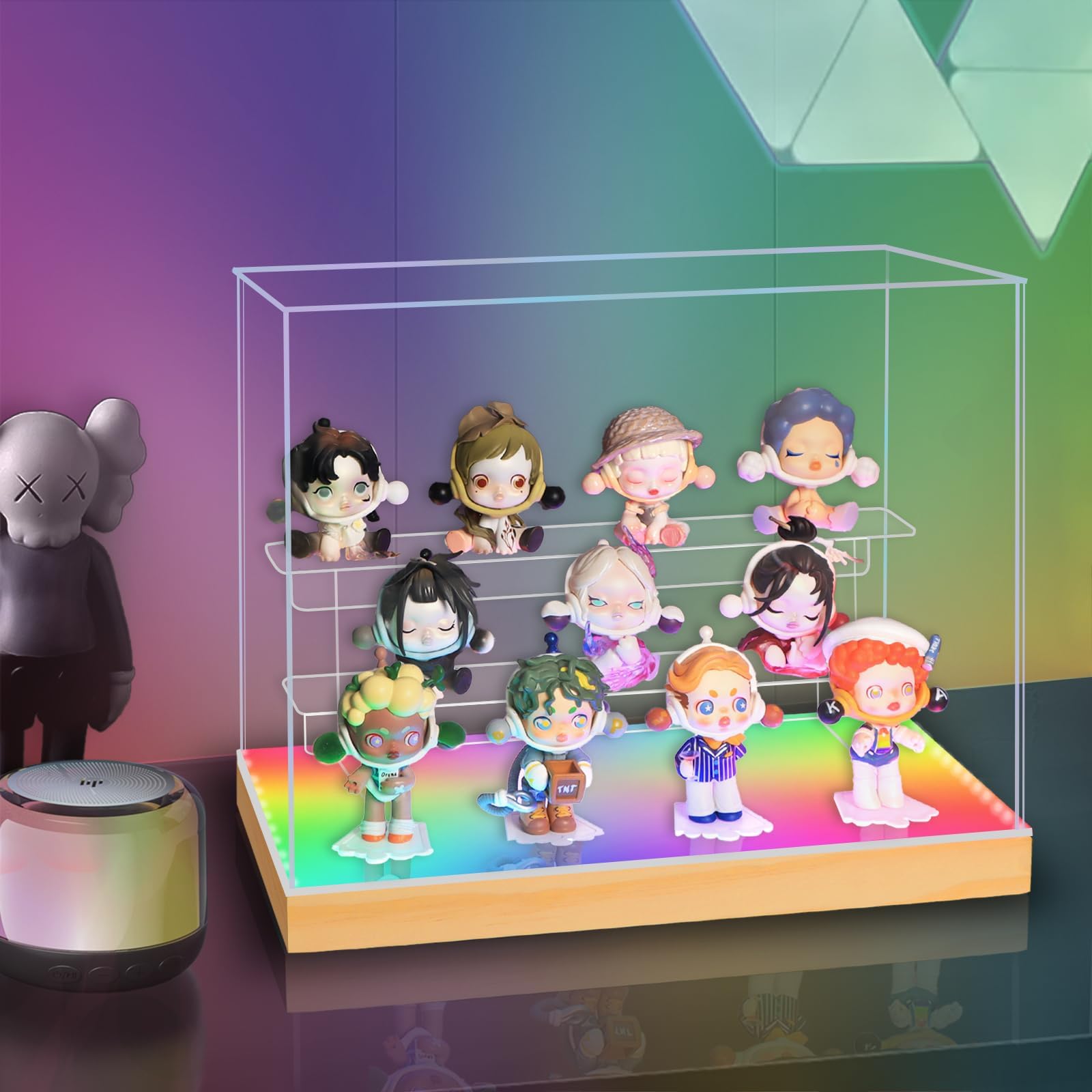 Acrylic Display Case with Color Changing LED Light,3 Tier Exclusive Showcase for Collectibles, Mini Figures and Funko Pop, 11.8x6.3x9.4inch