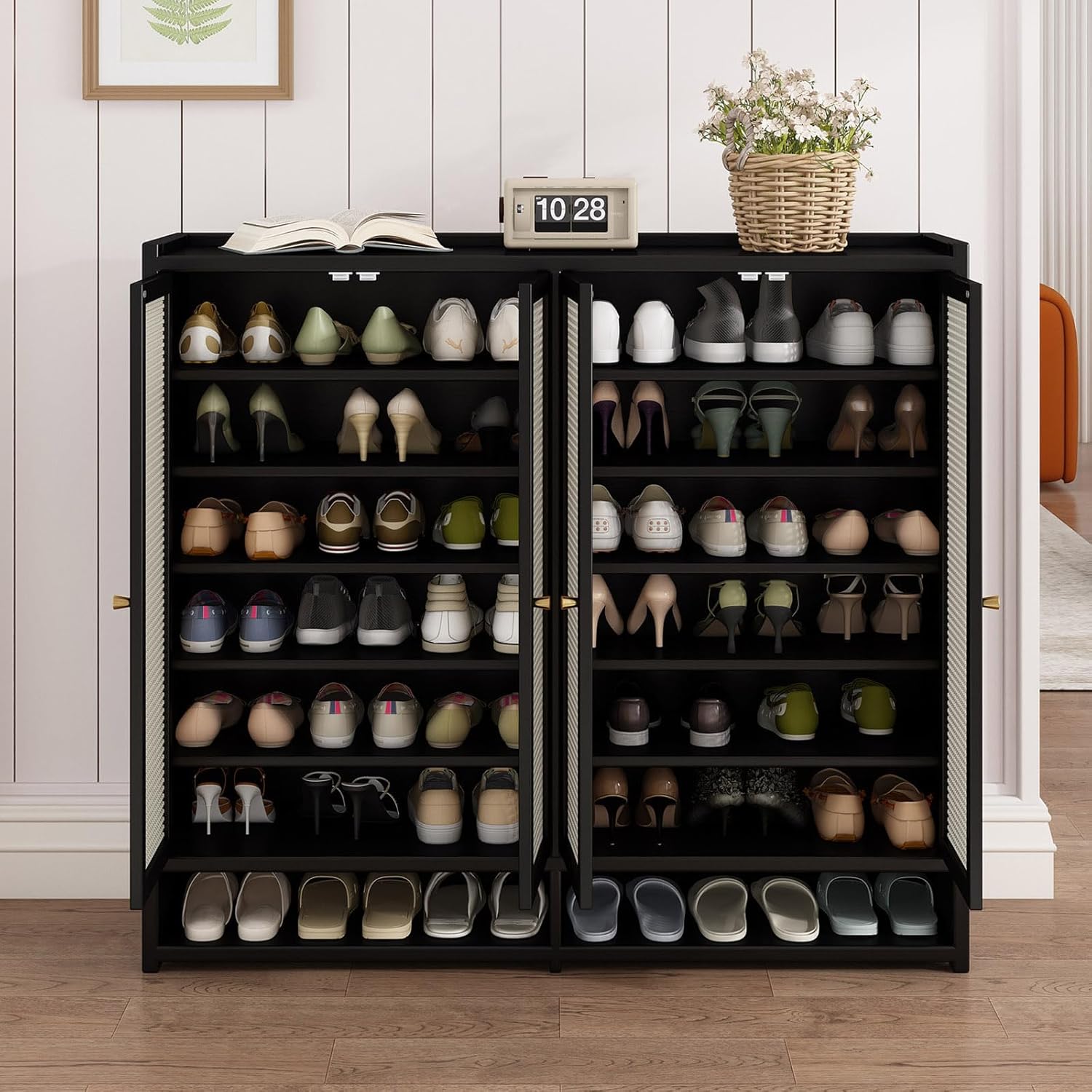 BHDJSE Shoe Storage Cabinet with doors open, revealing multiple tiers of shoes organized inside.