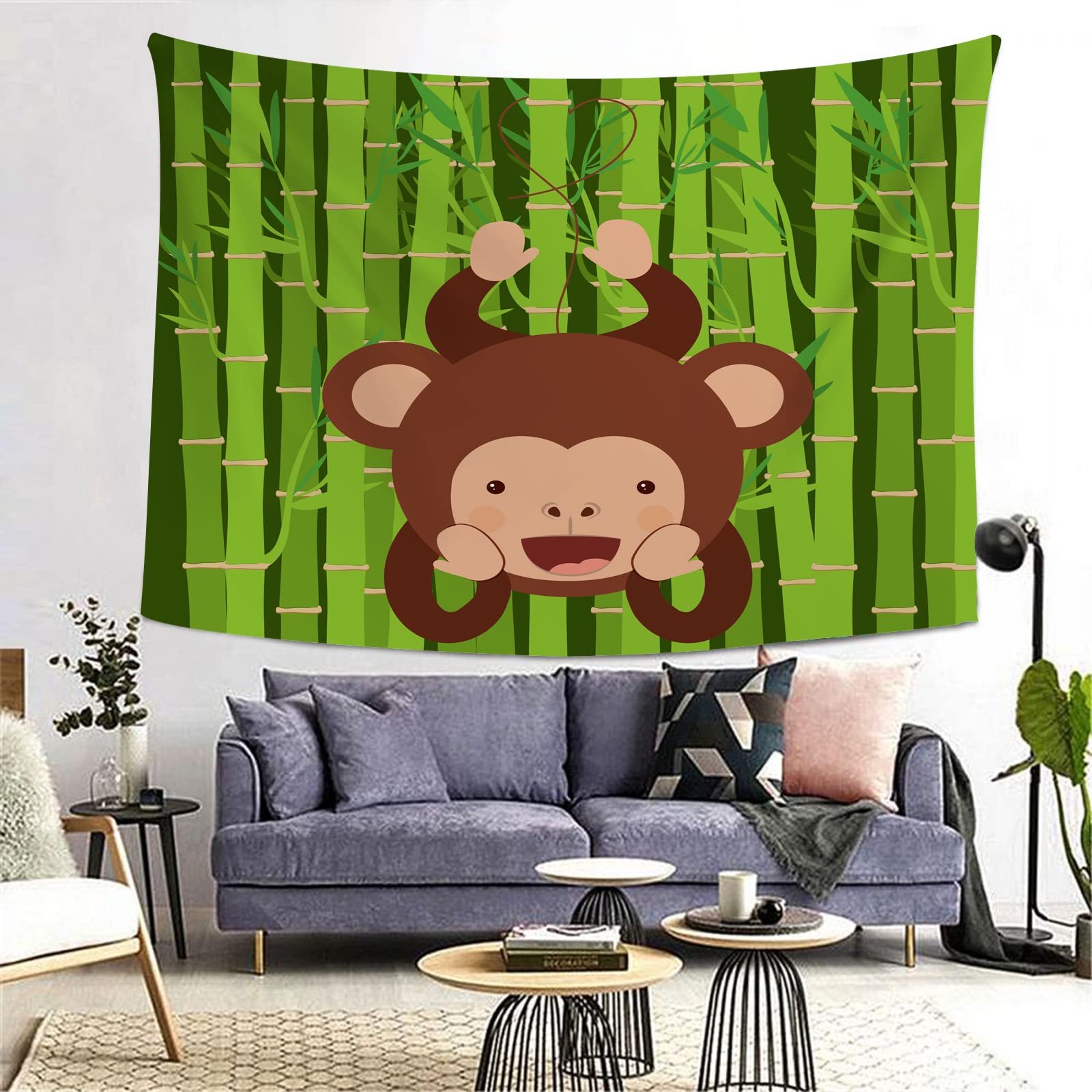 IBILIU Cute Monkey Tapestry Wall Decor,brown monkey hanging ape bamboo green tree Wall Tapestry Hanging Tapestry For Bedroom Living Room Home Decor, 80x60 inches