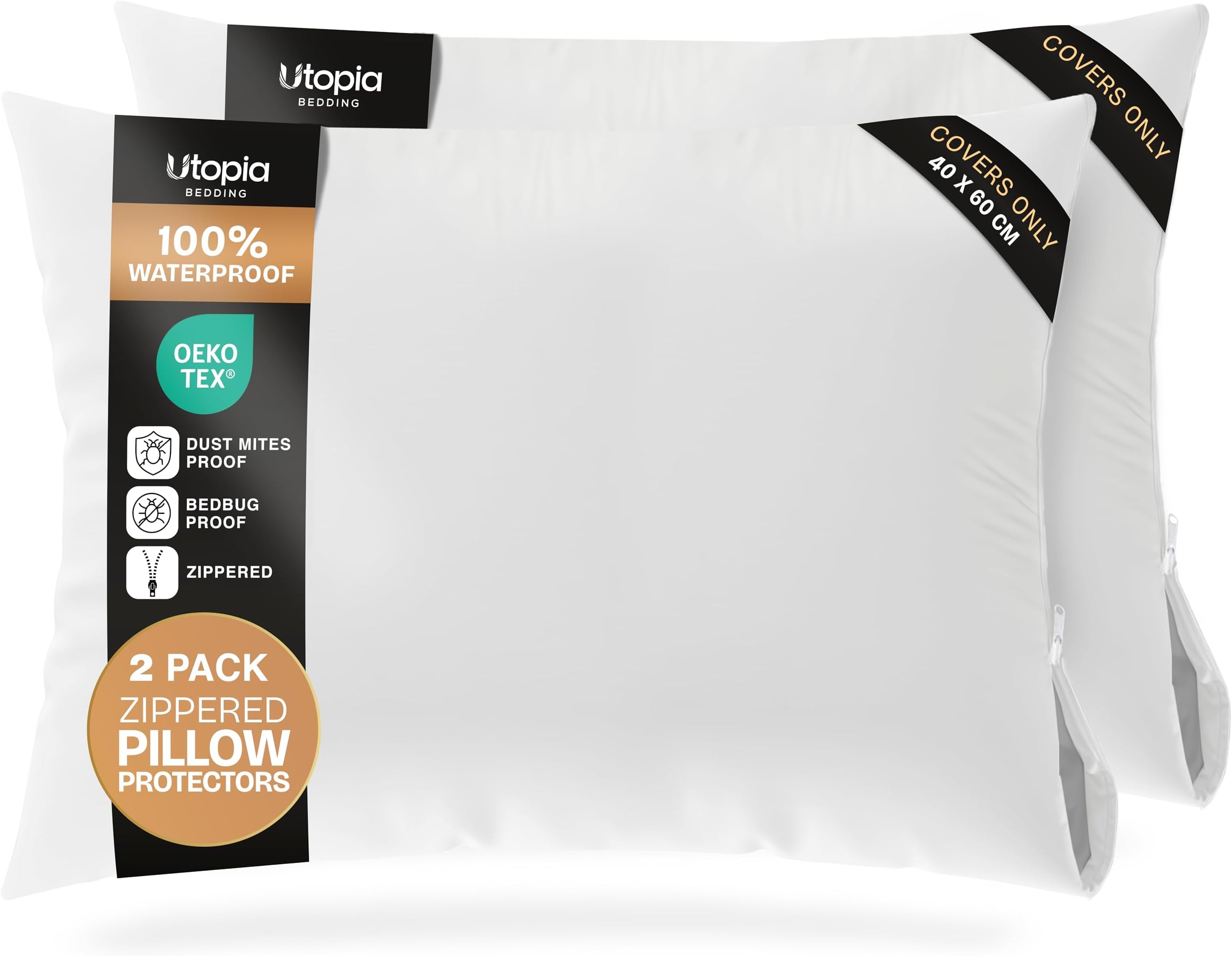 Waterproof Zippered Pillow Protectors 40 x 60 cm, Pack of 2, Bedbug proof | Dust Mite and Bed Bug Proof Oeko-Tex Certified Pillow Covers with Zipper, by Utopia Bedding