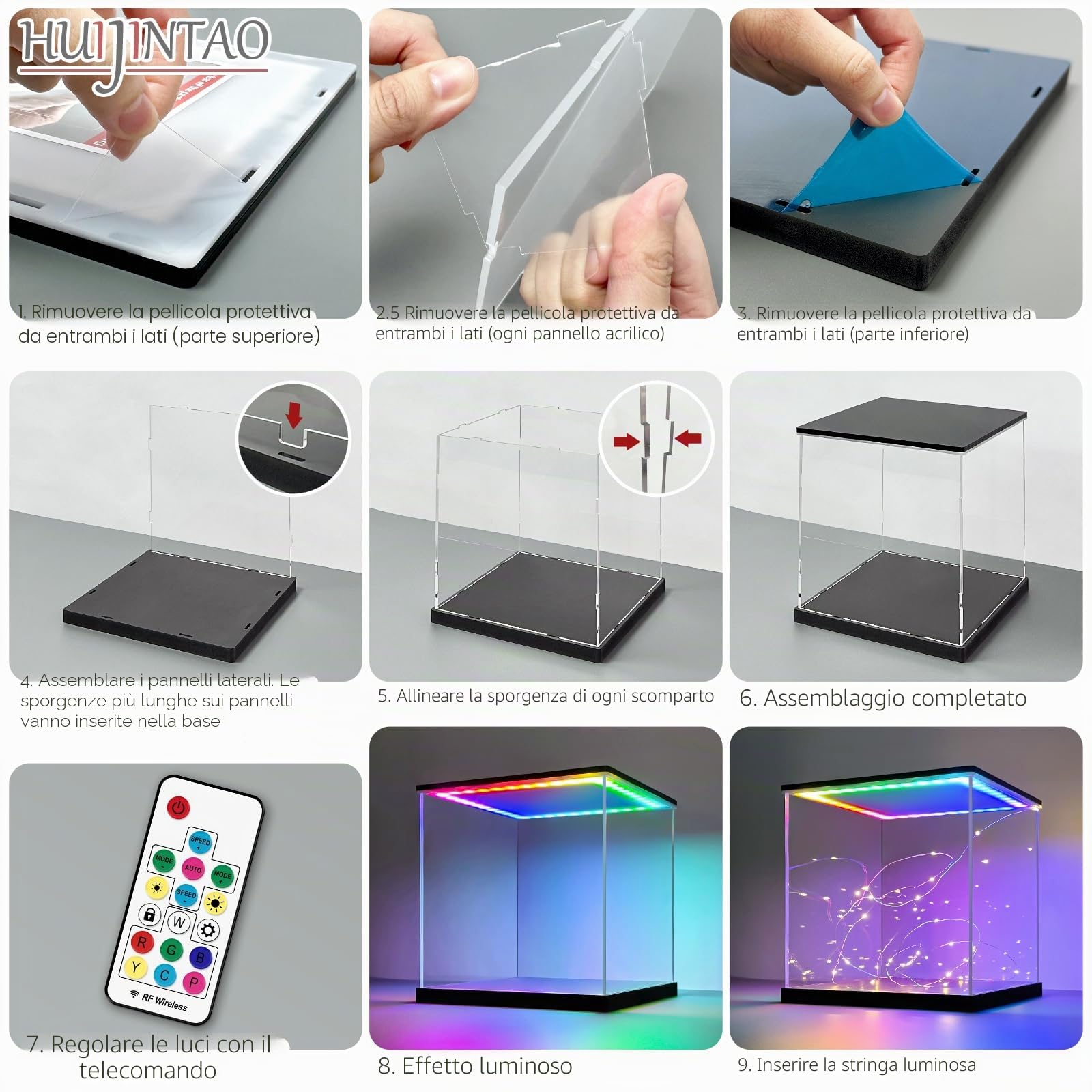Vetrina in Acrilico con luci a LED e Interruttore, Teca Plexiglass Antipolvere Teca Espositiva, Vetrina Espositiva per Collezionismo, Modellismo (30x30x30 cm)