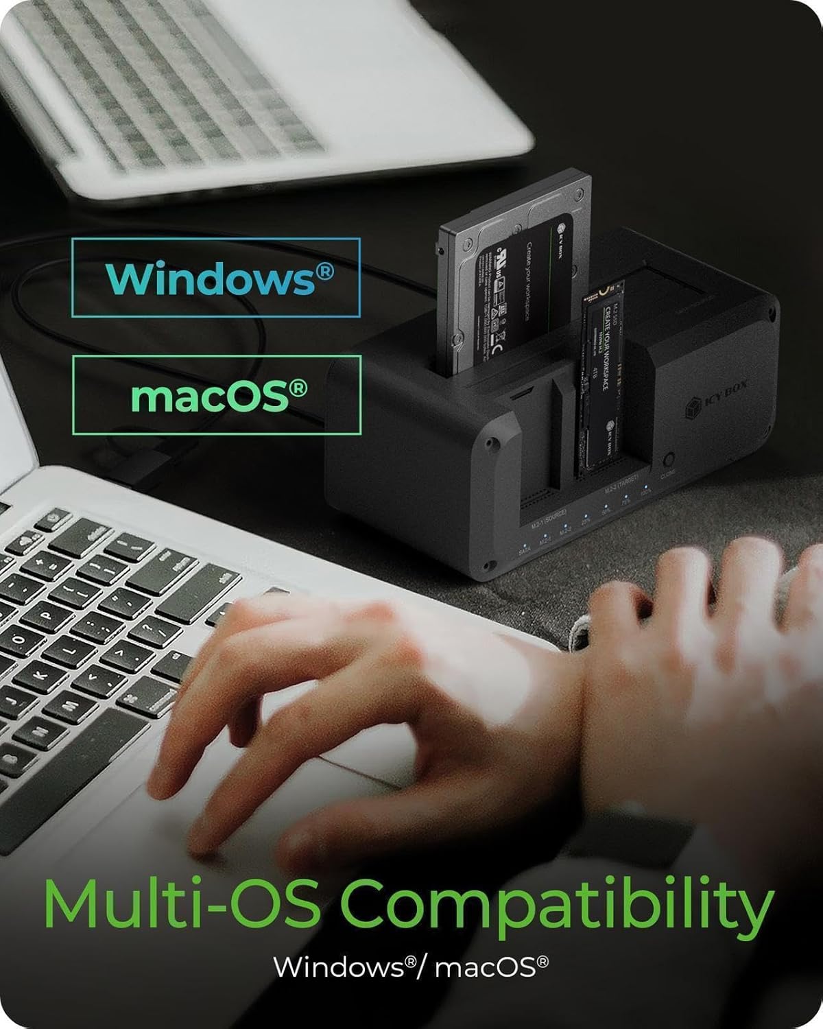 ICY Box HDD/M.2 NVMe SSD USB 3.2 Gen 2 Docking Station (10Gbps), Hard Drive Cloning Station and Drive (2.5" and 3.5" SATA to M.2 NVMe/M.2 NVMe to M.2 NVMe to M.2 NVMe), IB-2924MSCL-C31