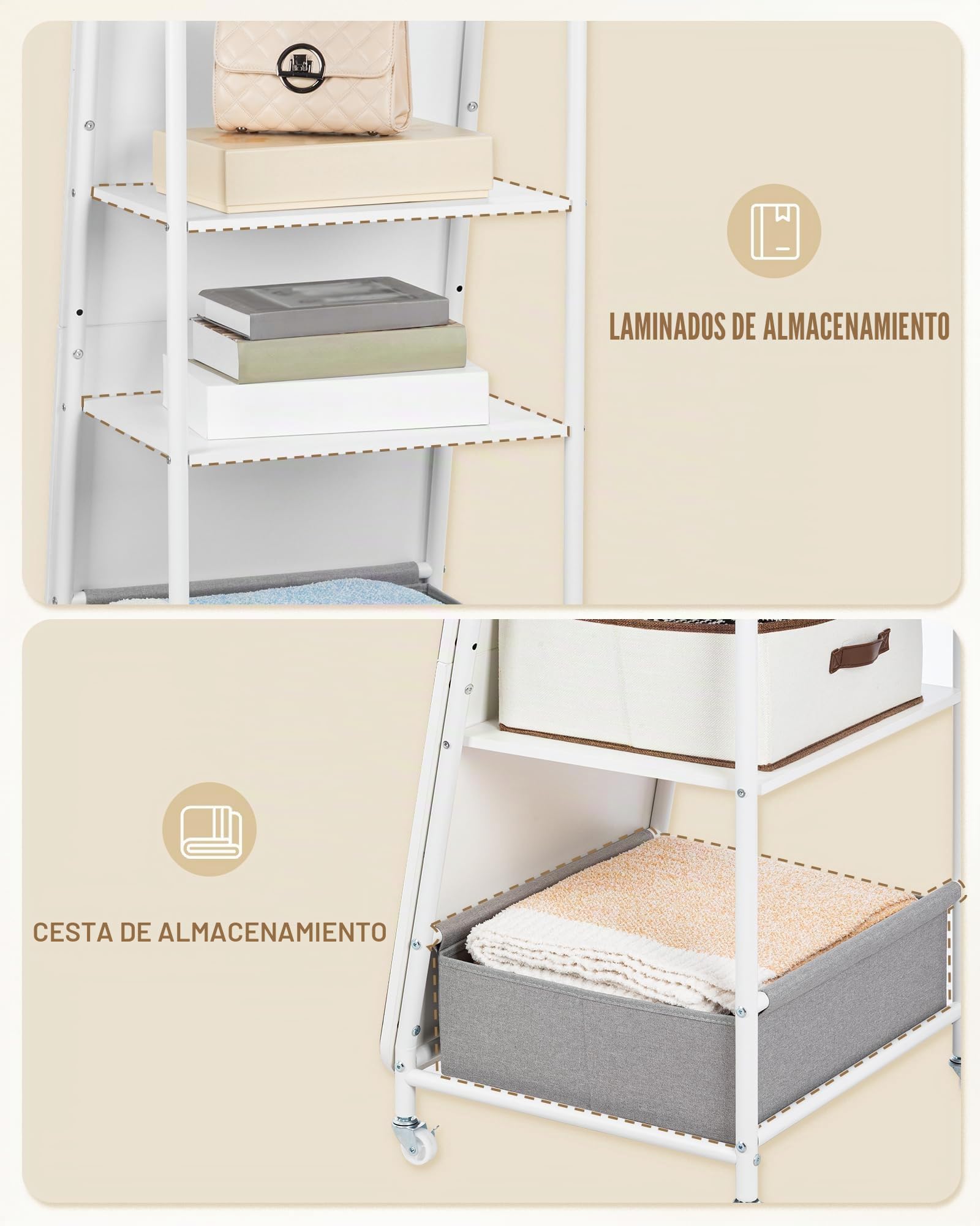Hzuaneri Espejo de Cuerpo Entero, 160x50cm, Espejo de tocador con Perchero, Ruedas Giratorias de 360°, Espejos grande con caja de almacenamiento y ganchos, para Guardarropa, Dormitorio o Salon, Blanco