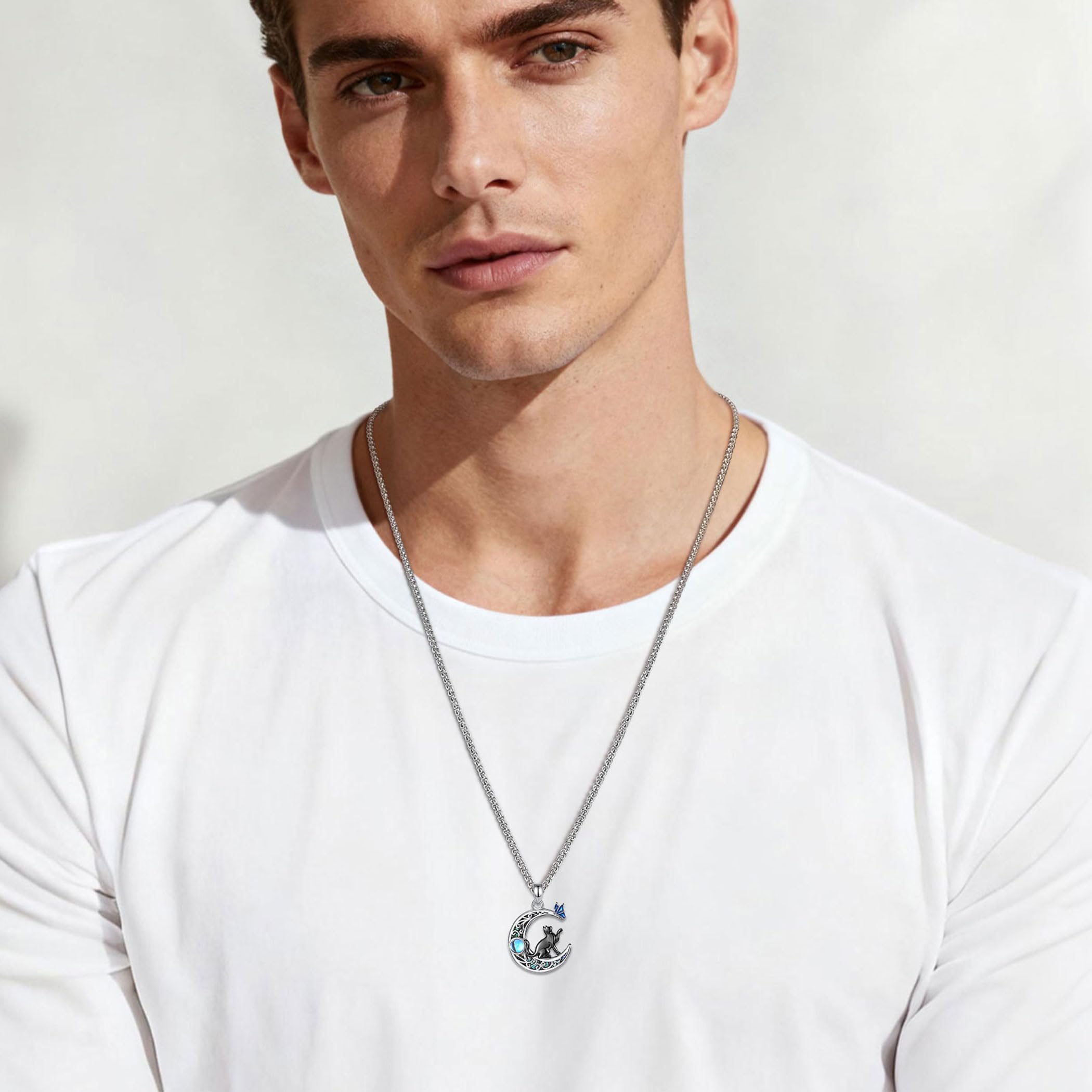 AEONSLOVE Collar Gato y Luna para Mujer Niña Colgante Piedra de Luna Plata de Ley 925, Collares Sol y Luna Joyas de Gato Negro Bruja Regalo para los Amantes de los Gatos
