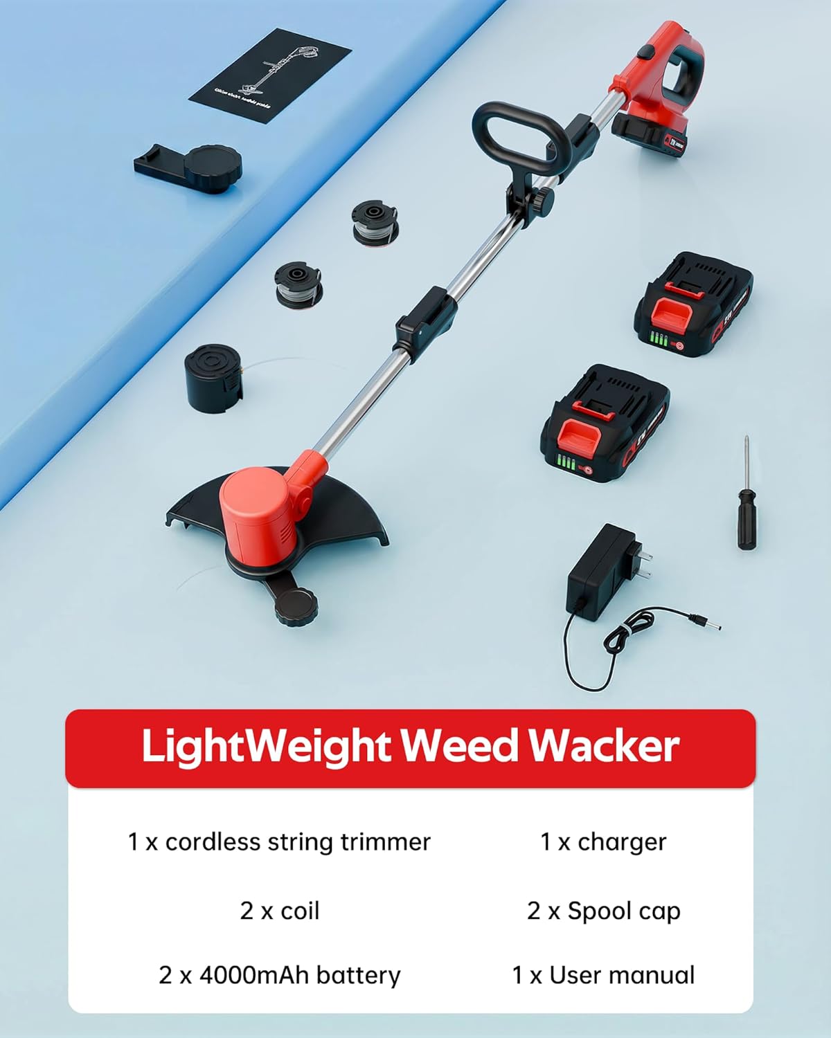 Electric Weed Wacker, 21V Weed Eater Battery Powered, Cordless String Trimmer Adjustable Height Electric Mower for Garden, Edger Lawn Tool