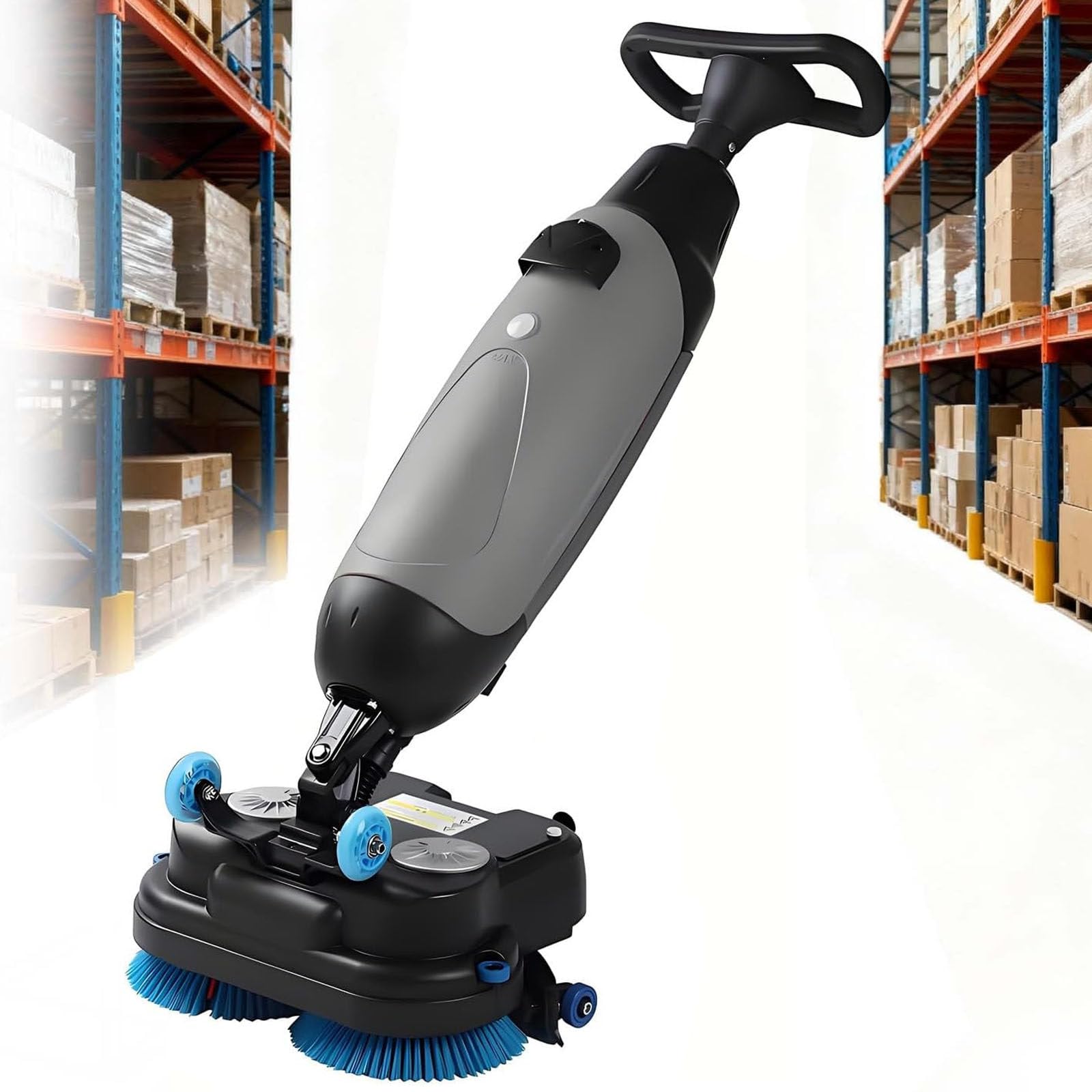 Drmoxin Grey Walk Behind Floor Scrubber Dryer, Portable Commercial Scrubber, Cordless, 2 Adjustable Brushes, For Efficient Cleaning In Supermarkets And Large Spaces