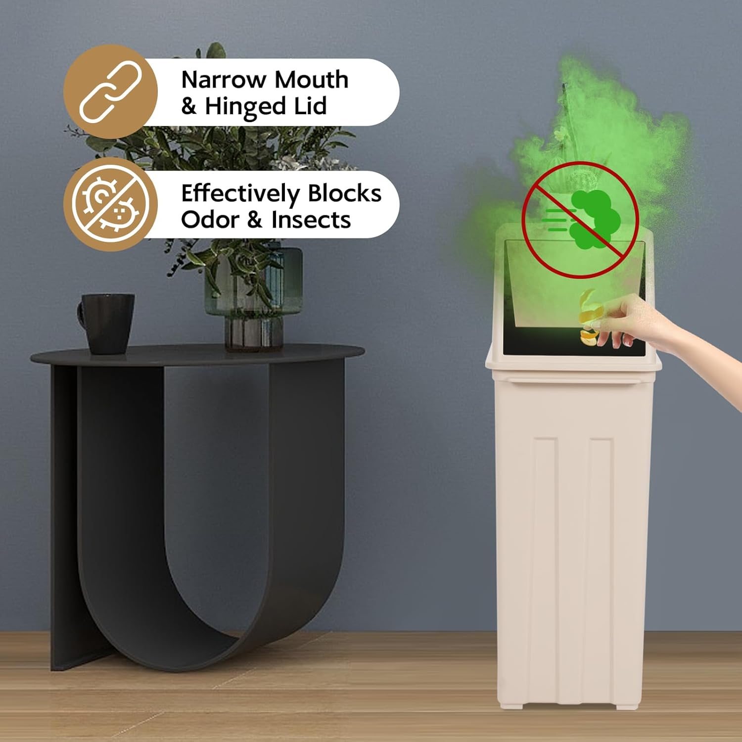Bathrena 8 Gallon Narrow Trash Can, Slim Space Saving Design, Odor Control and Pest Prevention, Durable PP Material, Removable Lid, Indoor Outdoor Swing Door Waste Basket