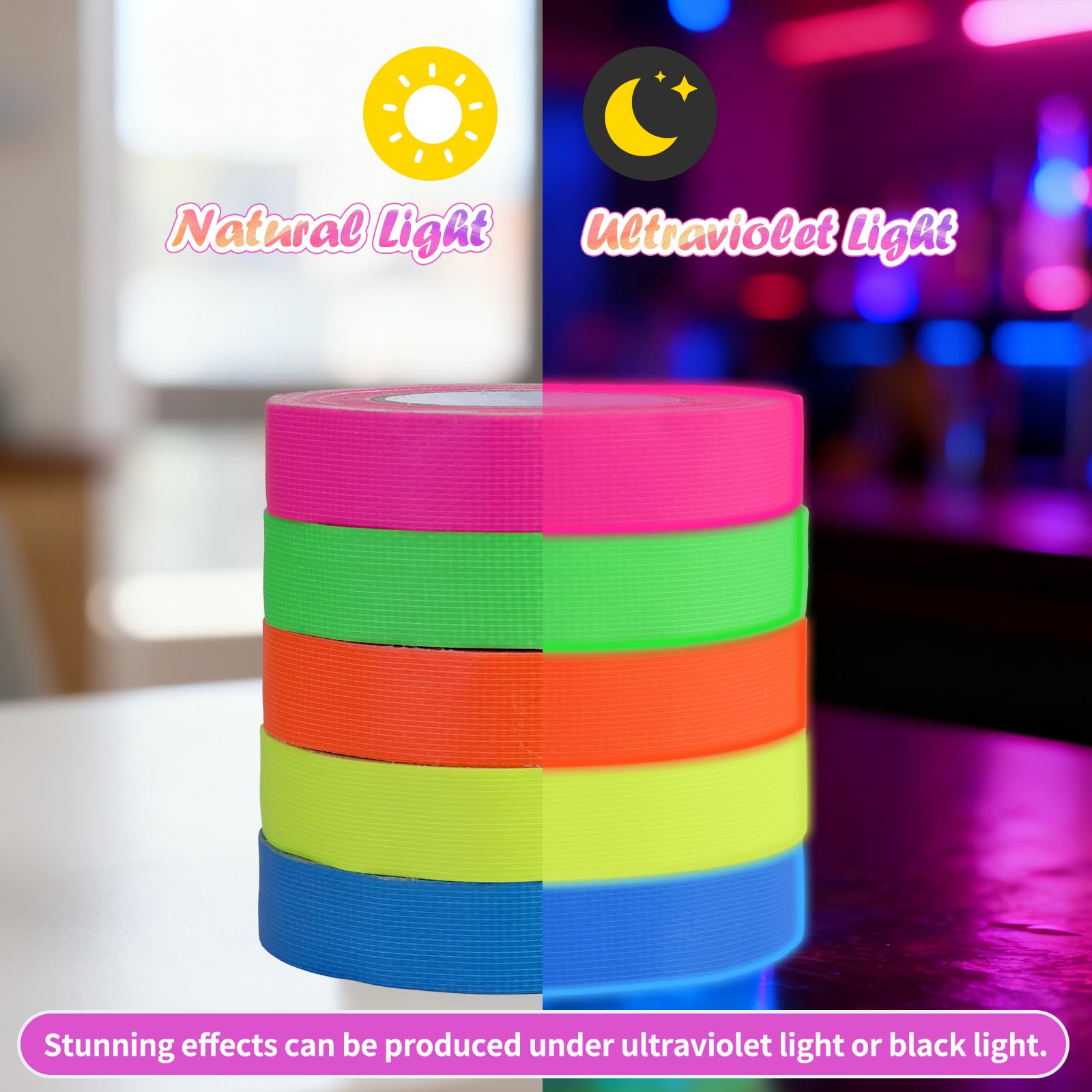 5 rolek fluorescencyjnej taśmy klejącej: 15 mm x 5 m neonowa taśma samoprzylepna, taśma ostrzegawcza, czarna taśma klejąca na schody, ściany, akcesoria sceniczne, dekoracja imprezowa (15 mm x 5