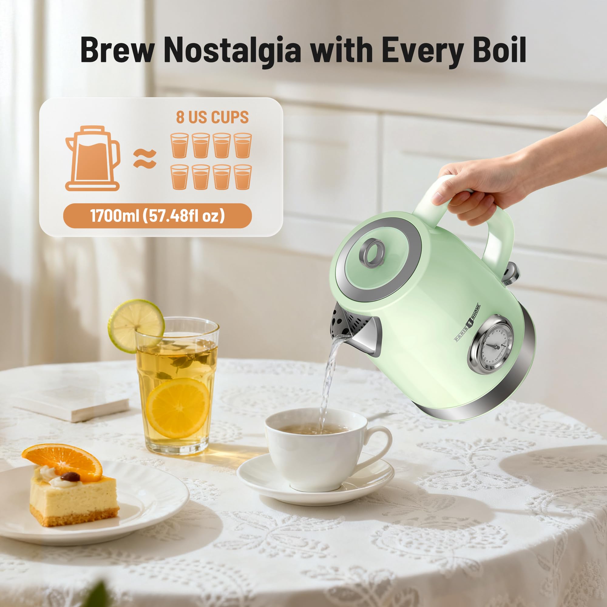 Retro Electric Kettle, PARIS RHÔNE 1.7L Hot Tea Kettle with Thermometer, 1500W Fast Heating, Cordless Design, LED Indicator, Auto Shut-Off & Boil Dry Protection