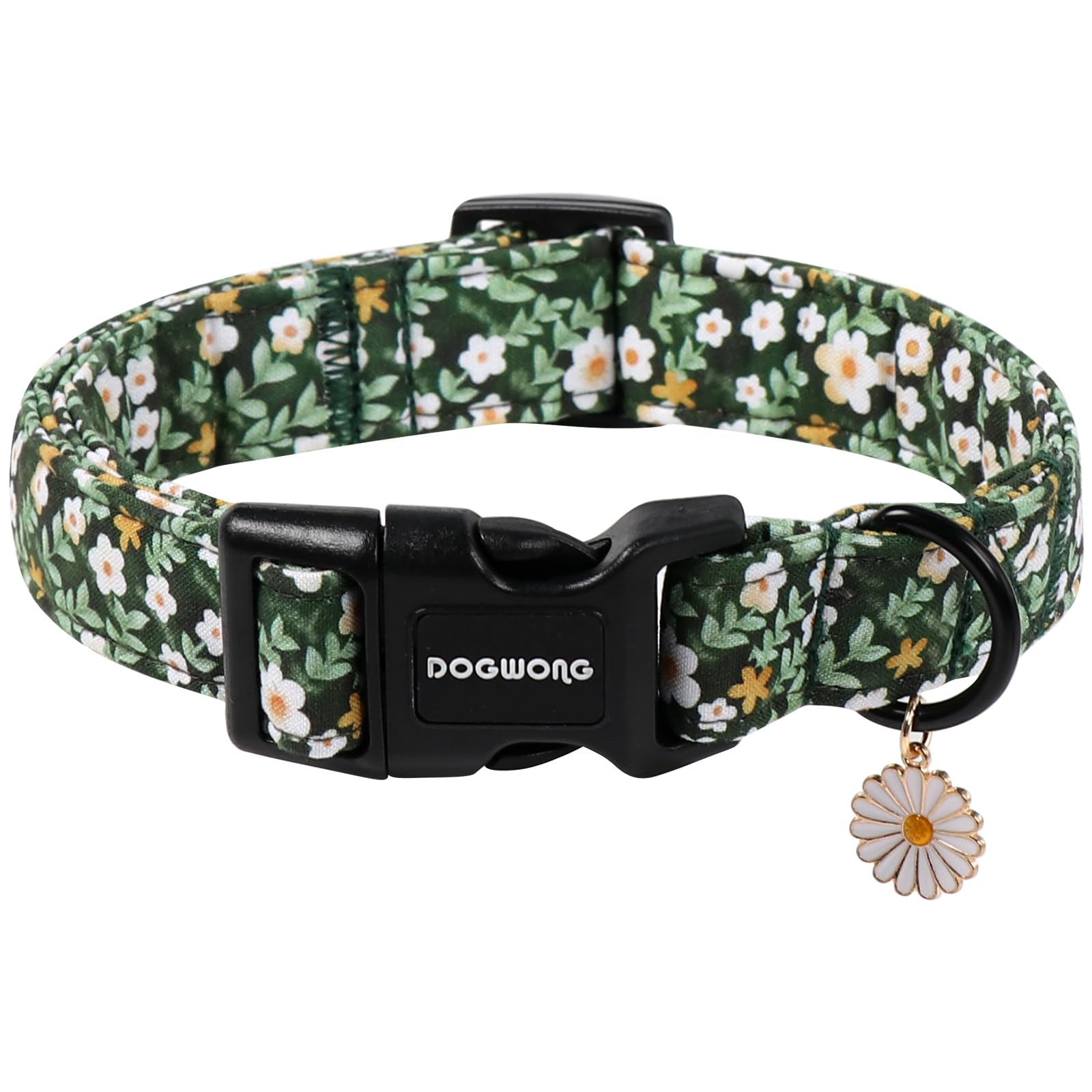 DOGWONG Flower Dog Collar, Spring Summer Green Dog Collar Durable Soft Fabric Girl Cotton Pet Collars Boy Puppy Collars for Small Medium Large Dogs, L