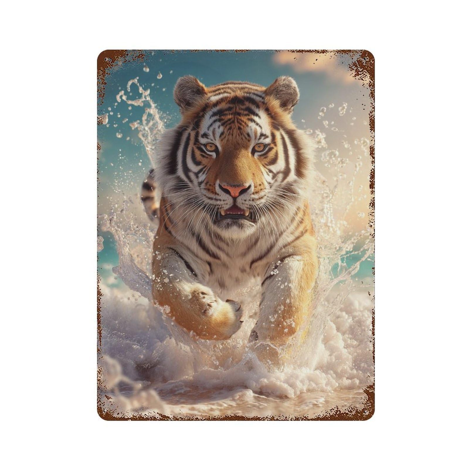 Garage Style Tiger Running in Water Rustic Tin Plaque 15.7"x11.8", Classic Wall Plaque for Bar And Workshop