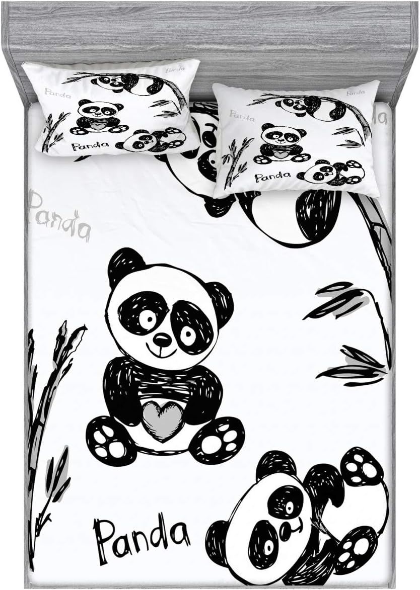 Ambesonne Panda Fitted Sheet & Pillow Sham Set, Cheerful Animal in Fun Poses Exotic Branch Sketchy Cartoonish Drawing Print, Decorative Printed 2 Piece Bedding Decor Set, Queen, White Dark Charcoal