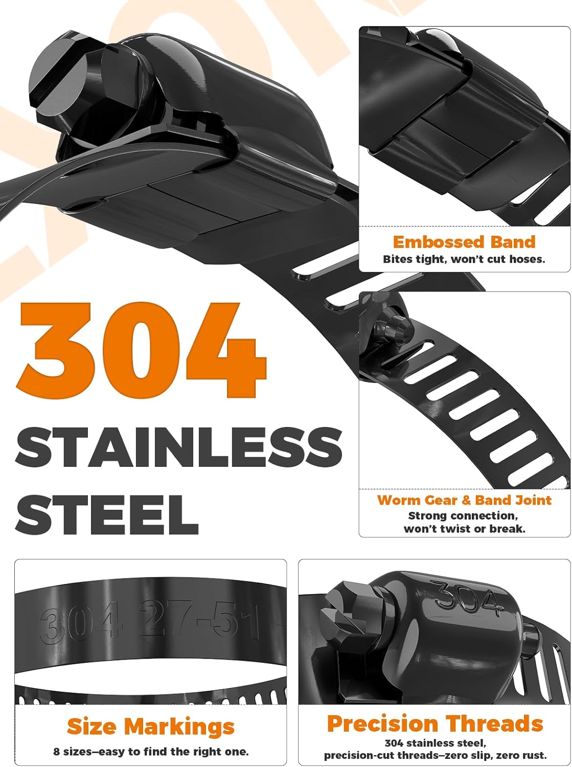 Hose Clamp Assortment 200PCS DREXON 304 Stainless Steel Hose Clamp Kit Heavy Duty Adjustable 1/4"~2"(6~51mm) Worm Gear Hose Clamp for Automotive, Fuel Line, Pipe - Black