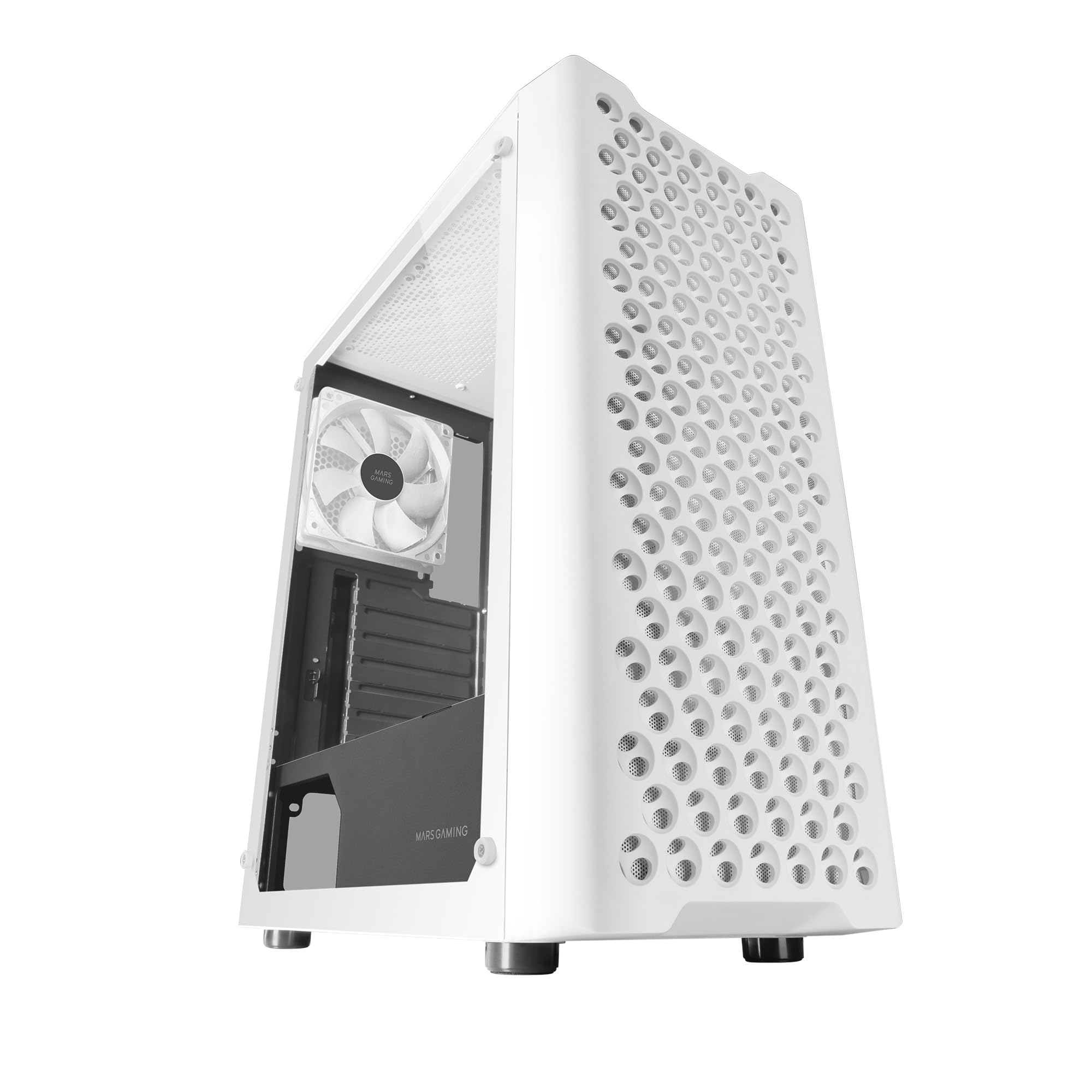 Mars Gaming MC-iPRO, Caja Profesional ATX, Rejilla Frontal de Malla 3D, Ventana Lateral Cristal Templado, Ventilador FDB Ultrasilencioso 12cm, Caja PC con Soporte Refrigeración Líquida, Blanco