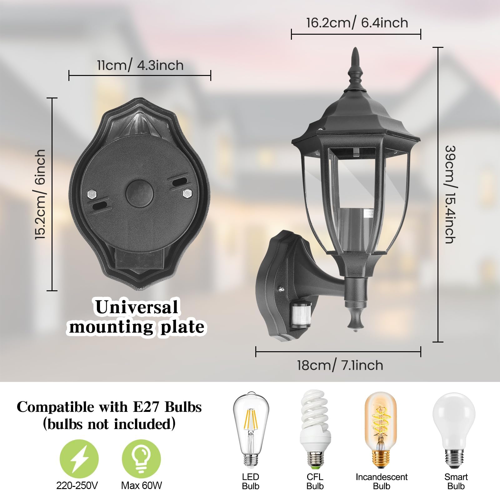 HLFVLITE Lampe d'extérieur à détecteur de mouvement, lanterne murale extérieure en aluminium E27, lampe de porche étanche 60W maximum, luminaire extérieur vintage PIR