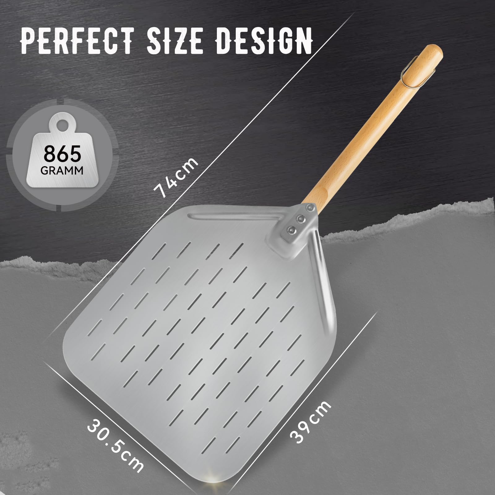Pelle à Pizza Perforée, Professionnelle Pelle à Pizza avec Poignée, Coupe à Pizza en Acier Inoxydable, pour la Cuisson de Pizzas, Pain, 39×30.5 cm, Longueur totale 74 cm