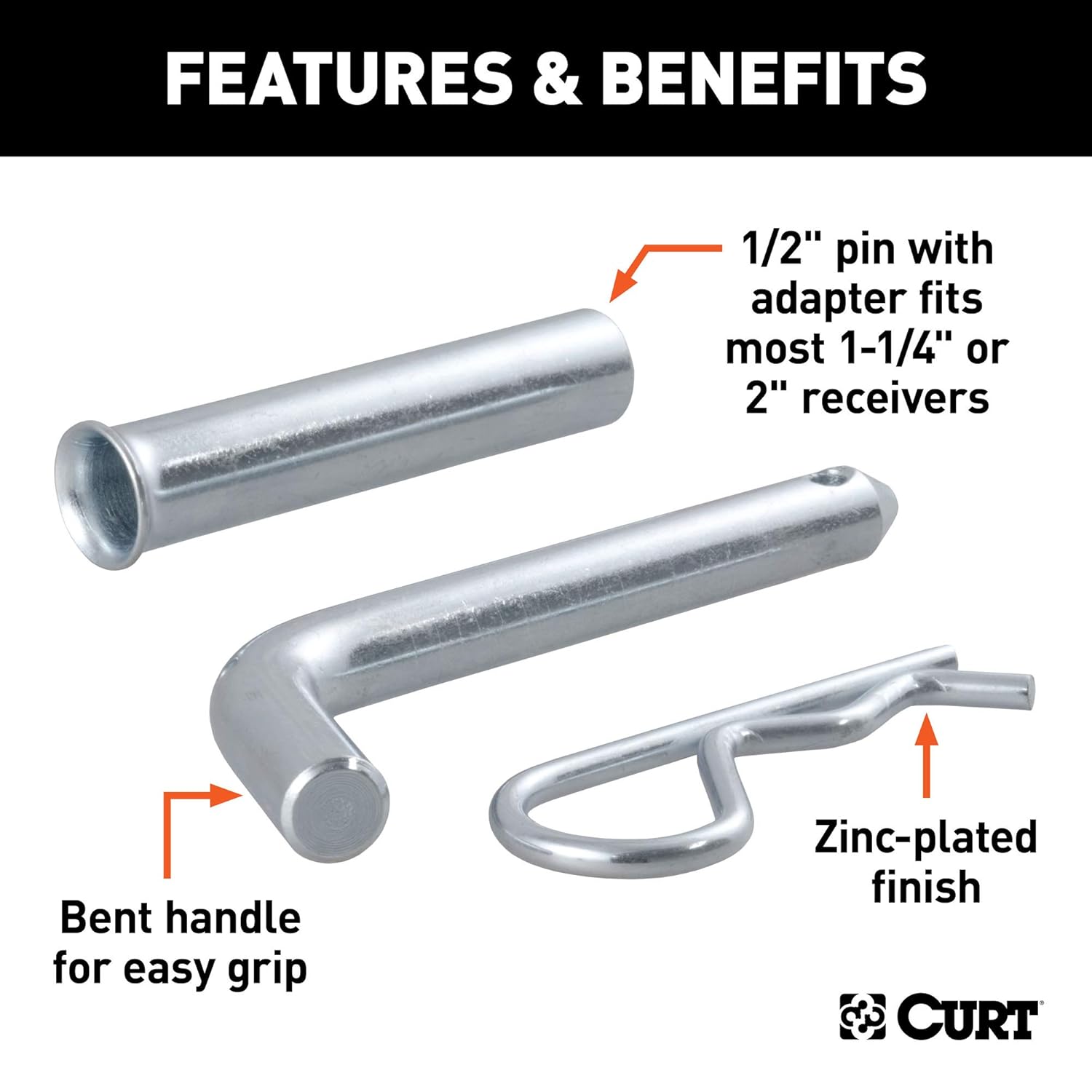 CURT 21502 Trailer Hitch Pin & Clip, 1/2-Inch Diameter with 5/8-Inch Adapter, Fits 1-1/4 or 2-Inch Receiver, Silver (Pack of 4)