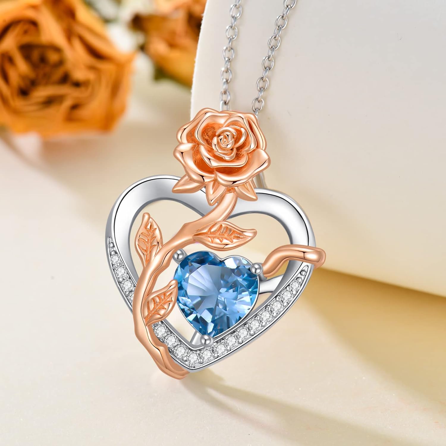 OCJ Birthstone Necklace for Women 925 Sterling Silver Rose Flower Heart Pendant Necklaces Anniversary Jewelry Birthday Christmas Gifts for Her Wife Girlfriend - Image 4