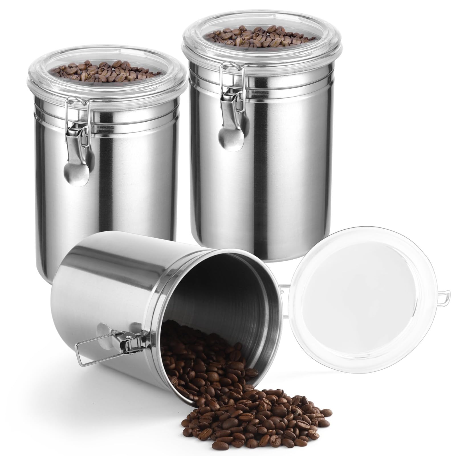 Swewarm Silver 3 Pcs Stainless Steel Kitchen Canisters, 62 Oz Airtight Metal Food Storage Containers With Clear Clamp Lids, Coffee Bean Tea Sugar Flour Canister Set For Kitchen Pantry Counter Shelf