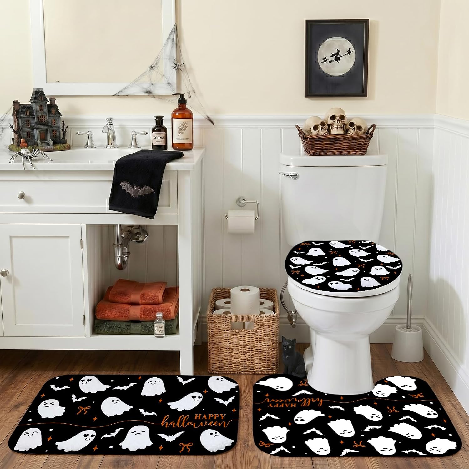 Mocsicka 4Pcs Halloween Shower Curtain Set Black Spooky Bow Ghost Shower Curtain Set for Halloween Bathroom Decor with Anti-Slip Waterproof Bathtub Bathroom Rugs Toilet Lid Cover image 5