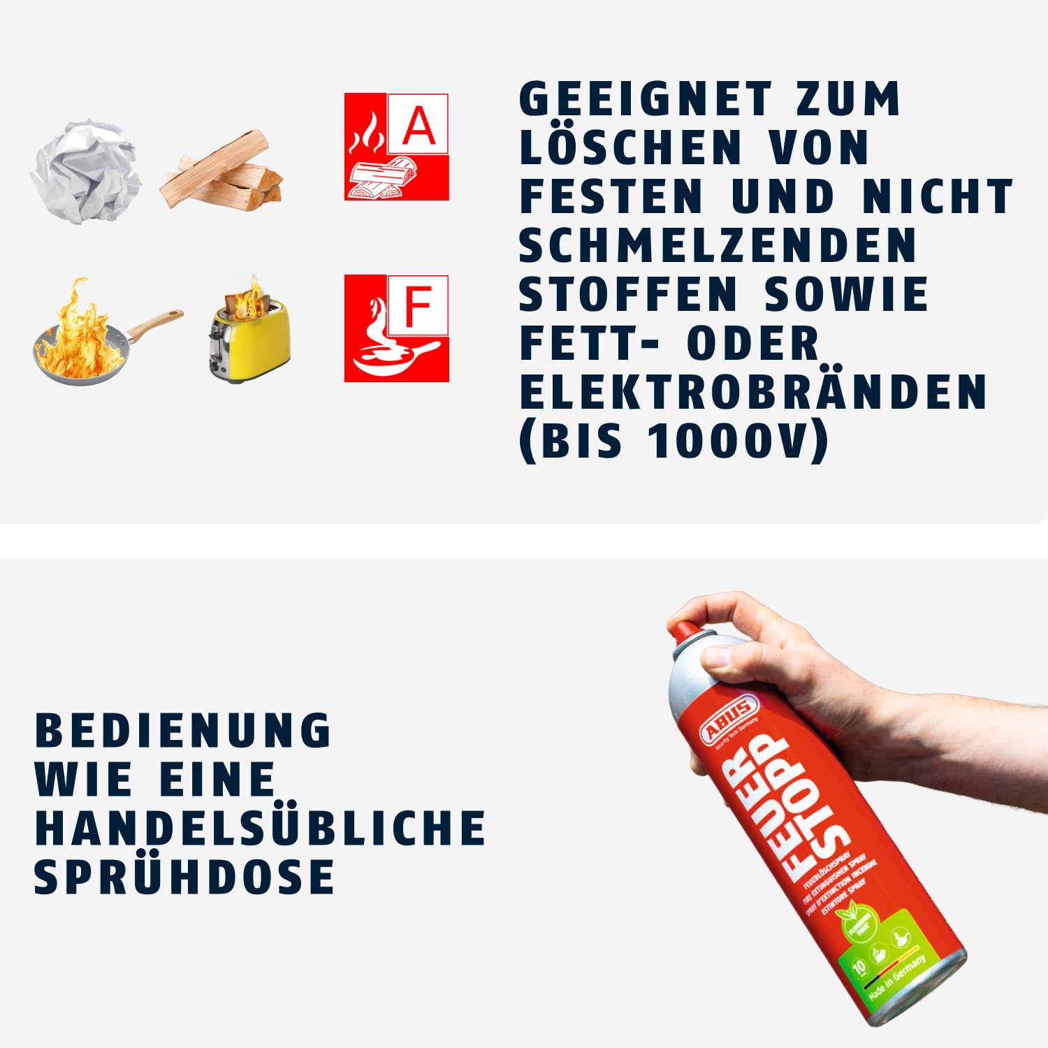 ABUS Feuerlöschspray Feuerstopp AFS625 fluorfrei - handlicher Feuerlöscher gegen Entstehungsbrände der Brandklassen 5A und 5F - lange haltbar - Made in Germany - für Haushalt, Küche, Camper und Grill