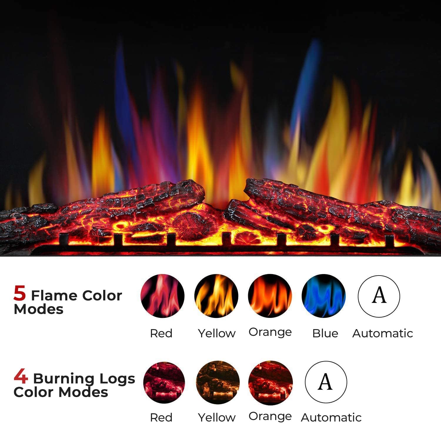 R.W.FLAME A-36" Electric Fireplace Insert ,Recessed Electric Stove Heater,Touch Screen,Remote Control,750W-1500W with Timer & Colorful Flame Option(36" X 27")