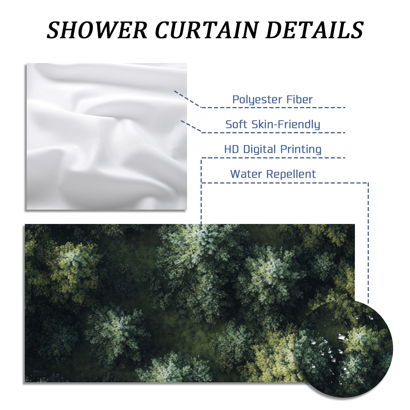 Ensemble de rideau de douche printanier surplombant la forêt, rideau de douche arbre nature 3D, accessoires de salle de bain bois, motif imprimé décoratif -72 x 78 cm