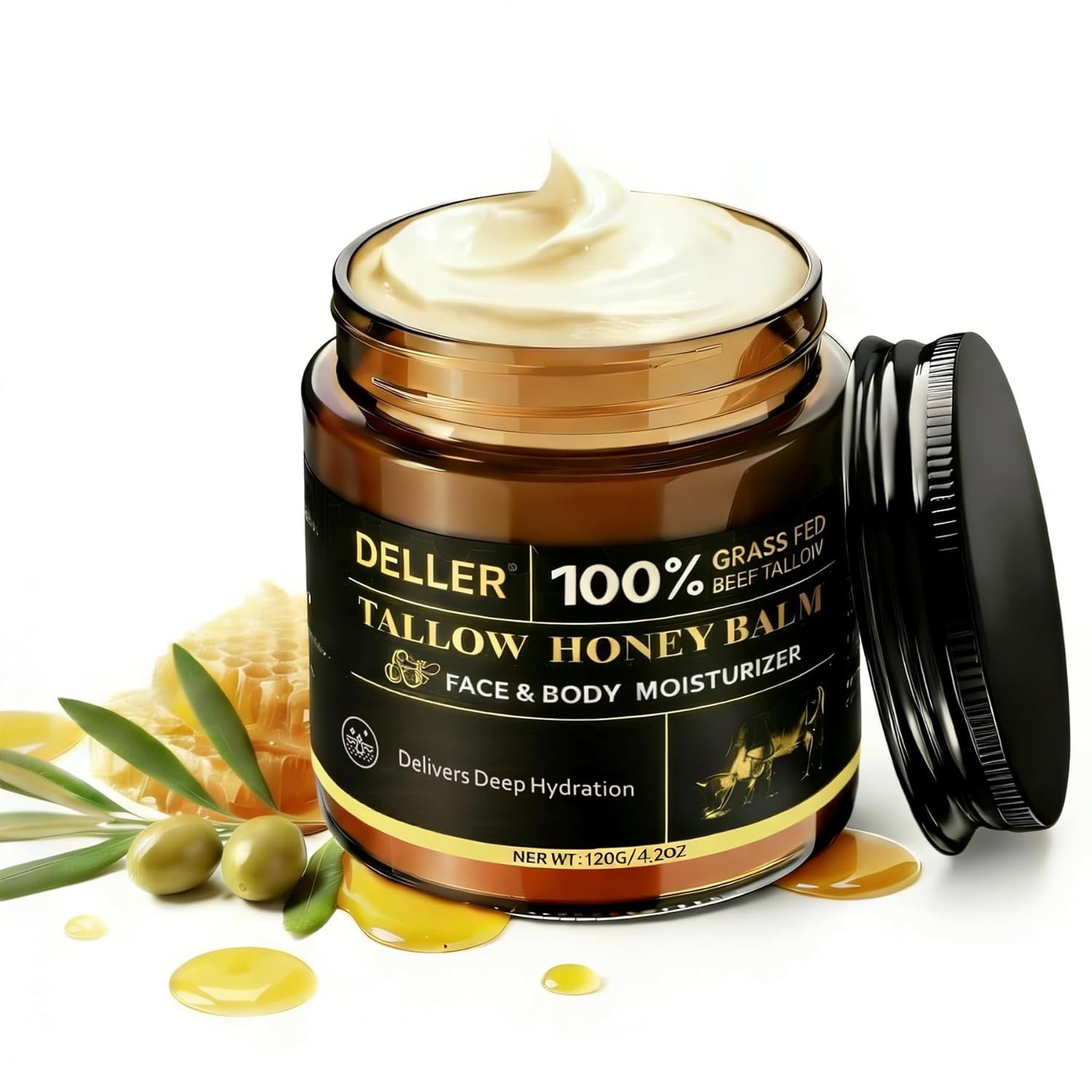 Deller 4.2 OZ Beef Tallow for Skin Face, Grass Fed Beef Tallow with Honey Bee Venom Cream Natural Tallow and Honey Balm, Deep Hydration Tallow Face Moisturizer for All Skin Types