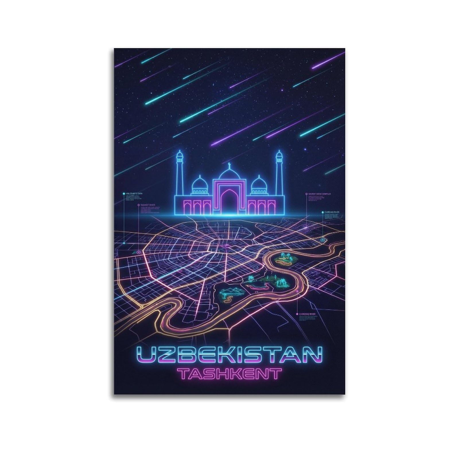 XKUGA Uzbekistan Hazrat Imam Neon City Synthwave Map Poster Modern Decorative Canvas Prints - Ideal Wall Art for Family, Man Cave, Game Room, Boys & Girls Bedroom 20x30inch(50x75cm)