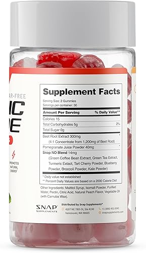 Miniatura 8 de Snap Supplements Nitric Oxide Beet Root Gummies Supplement with Organic Beets - Energy & Circulation Support, 60 Sugar-Free Gummies (30 Servings, 1