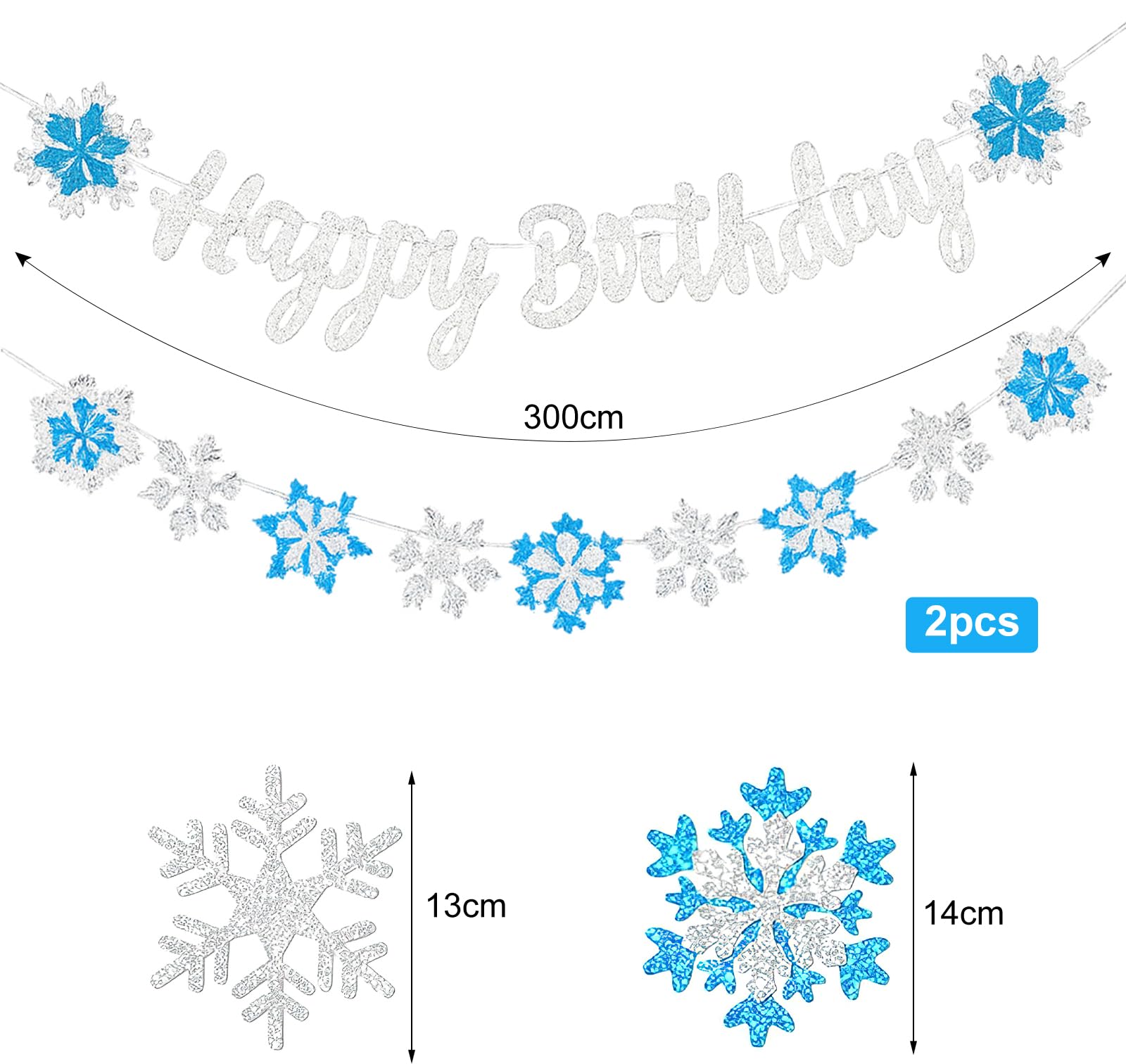 2PCS Banner Copos Nieve de Feliz Cumpleaños, Glitter Snowflake Decorations, Guirnalda Decoración de Copos de Nieve, Azul y Blanco Decoración Fiestas Cumpleaños Infantiles Fiesta Chicas