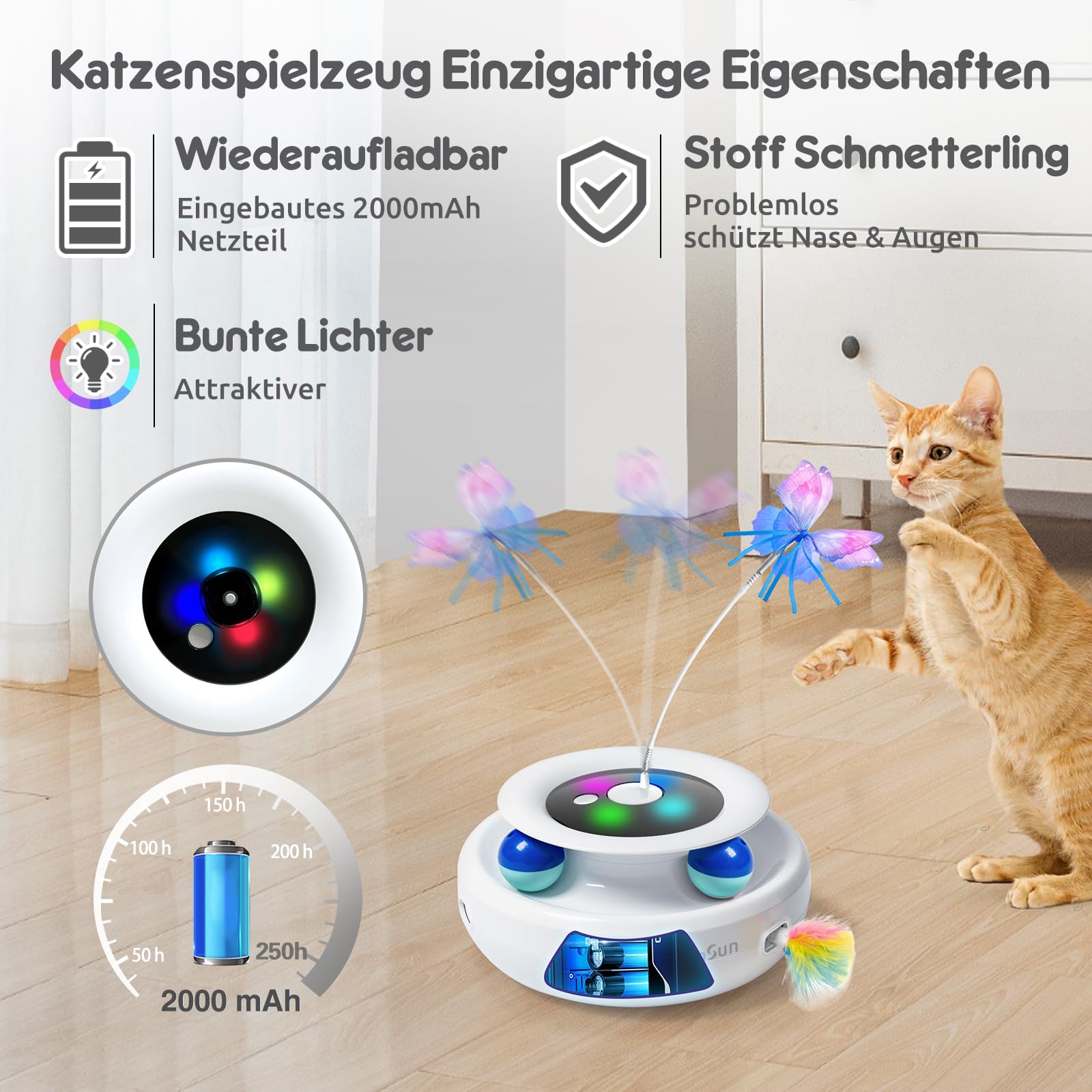 GoldenSun Katzenspielzeug, 3 in 1 Elektrisch Interaktives Automatischer Spielzeug für Katzen, Whack-A-Mole, Fluttering Butterfly, inklusive Ball, USB Wiederaufladbar Katzen Teaser mit 4 Aufsätzen