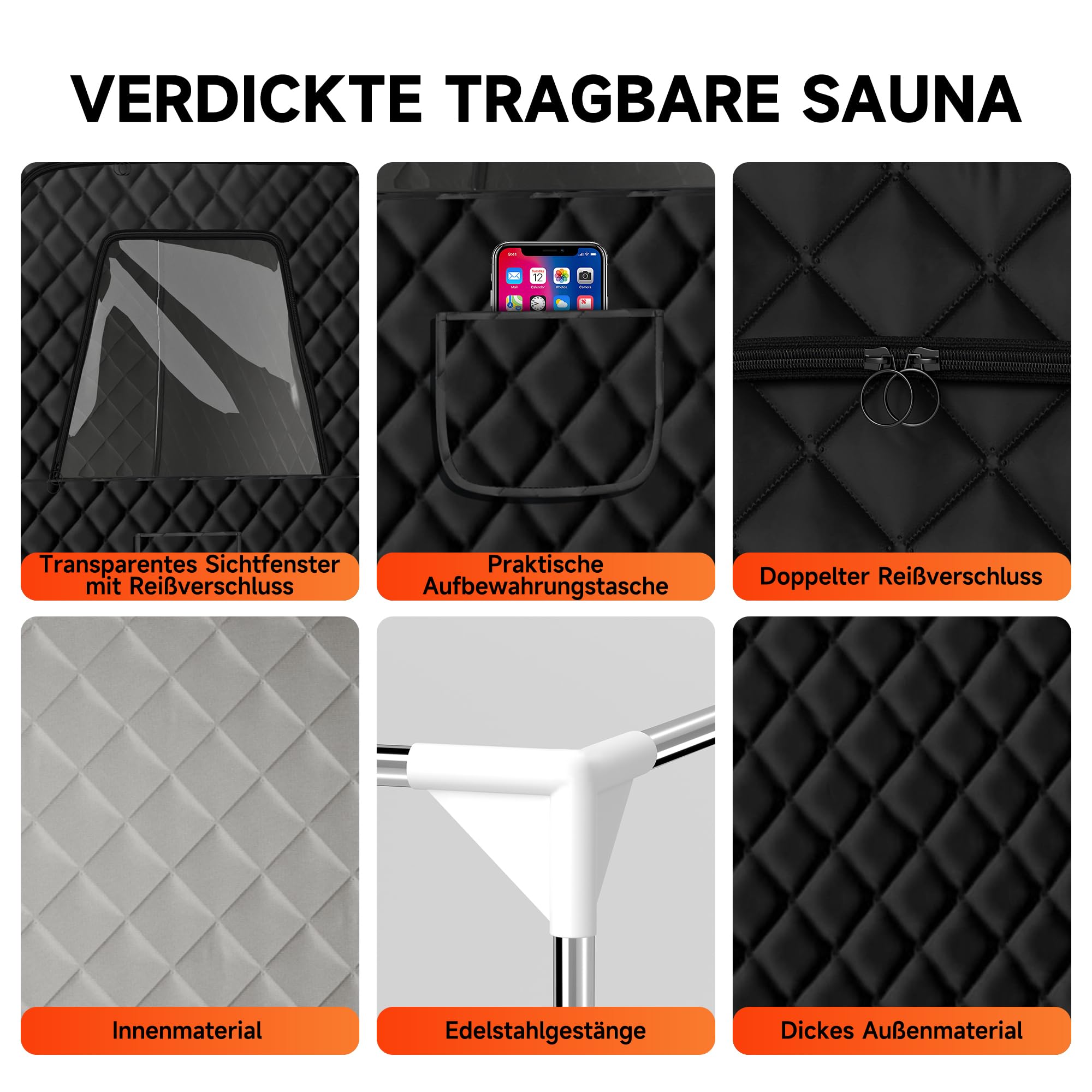 Tragbare Dampfsauna für Zuhause mit 3L/1500W Dampferzeuger & 9 Wärmestufen,inkl. Fernbedienung und Klappstuhl,Schwarzes Saunazelt für Fitness,Pilates, Garage und Wellnessbereich