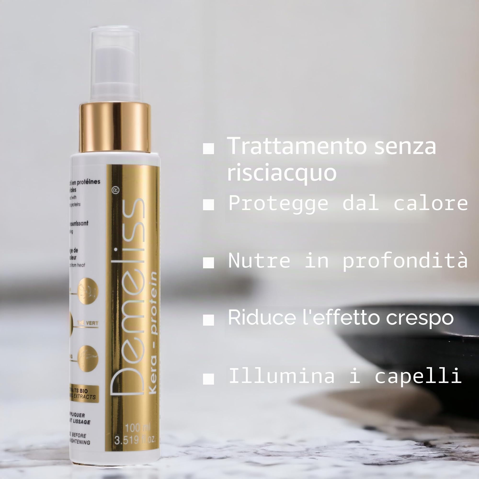 Demeliss Trattamento Termoprotettore KERA-PROTEIN 100ml - Con Cheratina - Prima della Piastra - Nutre e Protegge Capelli Ricci, Crespi, Secchi - Spray Professionale Anti Calore
