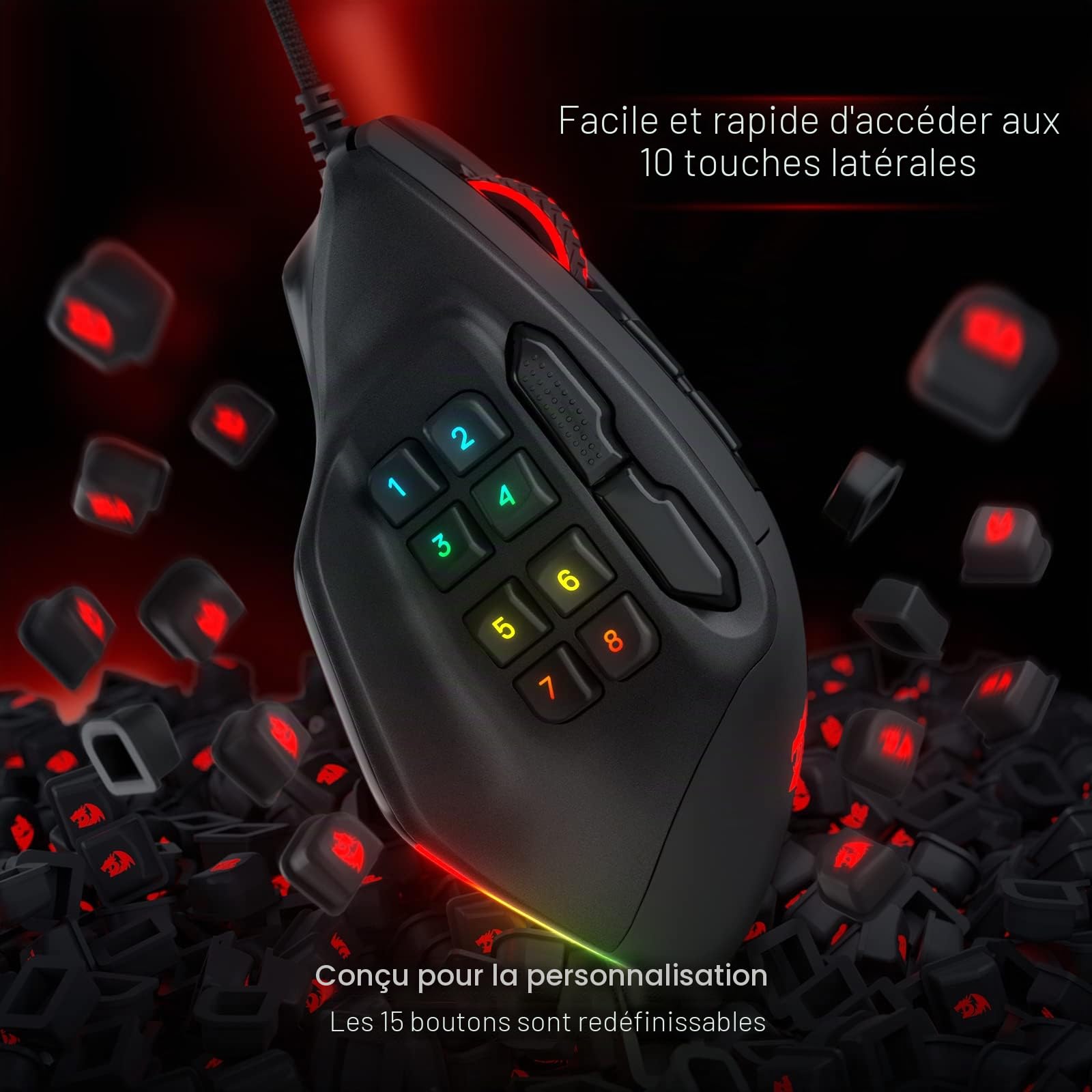 Redragon M811 Souris Gaming MMO Filaire RVB 15 Boutons | souris gaming MMO RVB filaire 15 boutons programmables prise ergonomique 10 touches macro latérales support logiciel