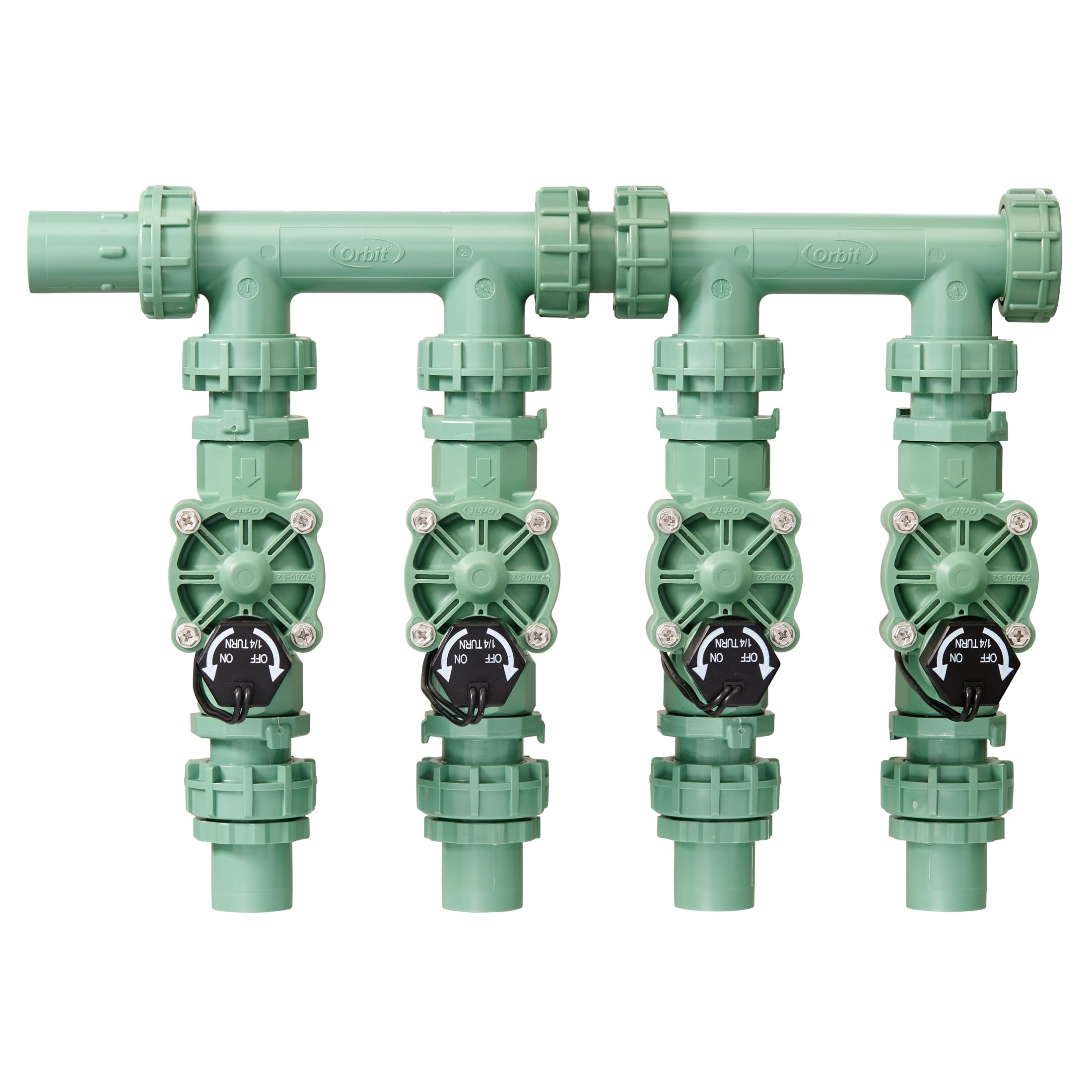 Orbit 57257 4-Valve Preassembled Sprinkler Manifold โ Easy Install, Smart Controller Compatible, Works with PVC & Poly Pipe, Includes 4 in-Line Valves