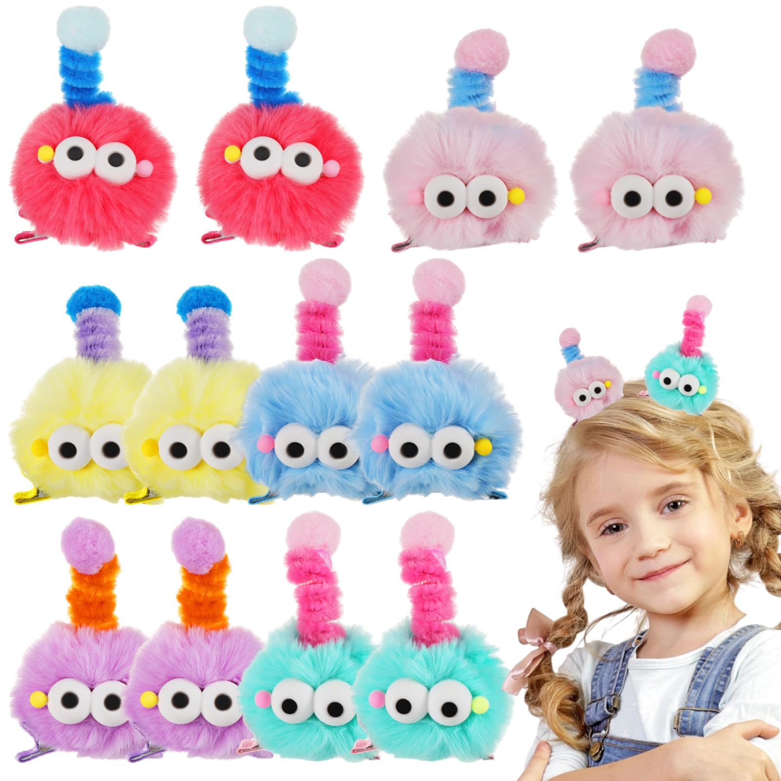 12 Pcs Pop Hair Clips, Fluffy Pom Pom, Crazy Hair Day Accessories, Cute Fuzzy Hair Barrettes, Funny Spiral Hair Clips, Colorful Party Event Supplies