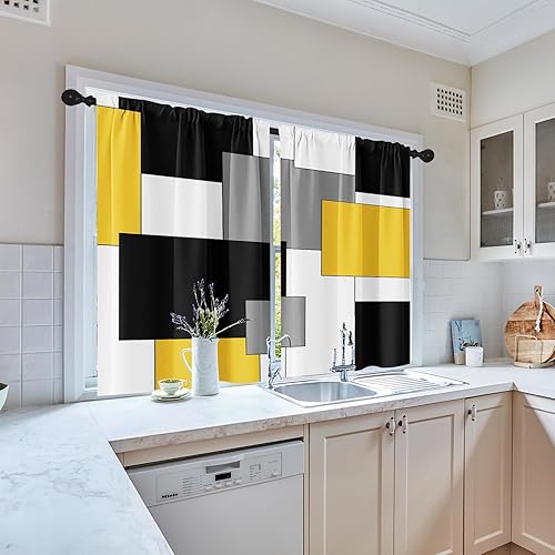 Vista 155 de Cortinas geométricas de cocina negras y grises de 63 pulgadas de largo, juego de 2, cortinas grises y blancas para dormitorio, sala de estar, Gris