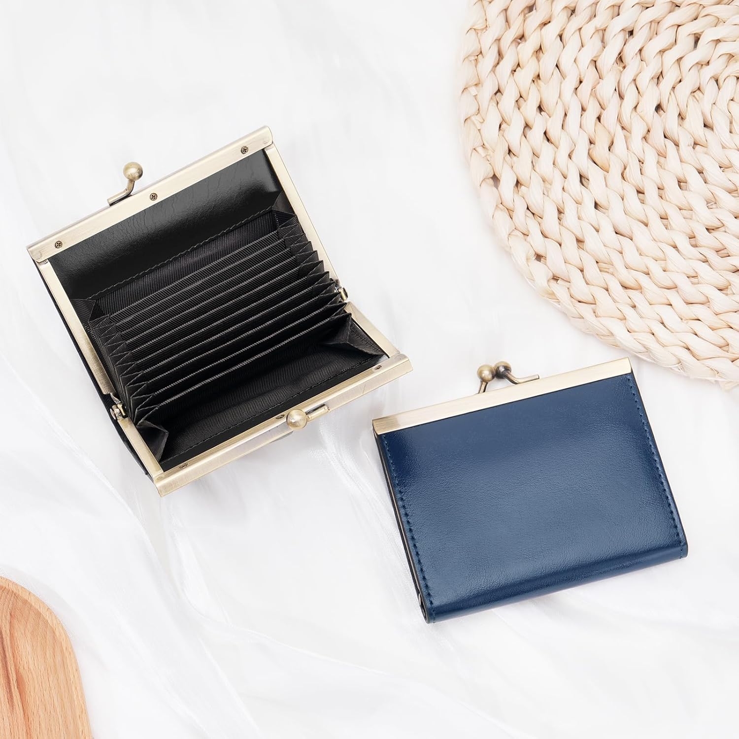 GOIACII Credit Card Holder Vintage Wallet for Women Genuine Leather Ladies Card Cases with Kiss Lock Small Blue - Image 6