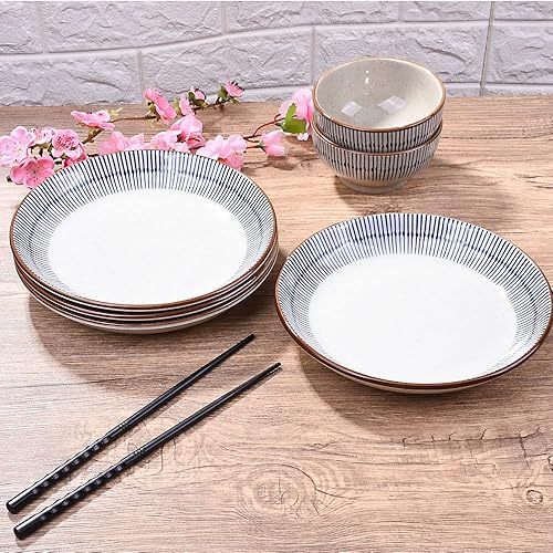 Miniatura 3 de Juego de 4 platos japoneses, platos llanos de porcelana, platos de cerámica para ensalada, pasta, aperitivo, postre, platos para Acción de Gracias y